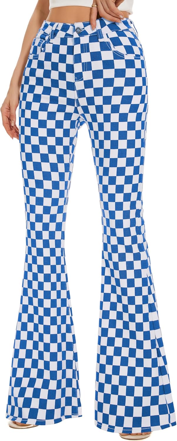Bell Bottom Jeans for Women High Waisted Stretch Plaid Flare Jeans Denim Bootcut Pants