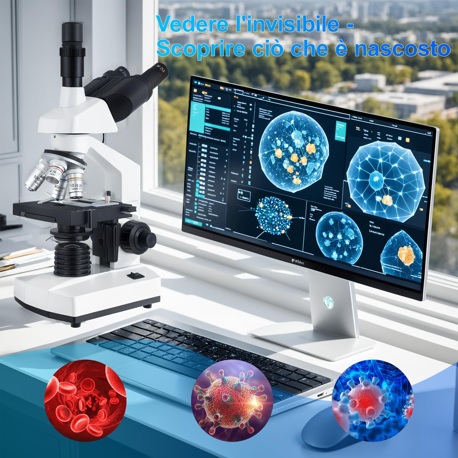 Microscopio ottico trinoculare, ingrandimento da 40 a 5000 volte, microscopio professionale scientifico con fotocamera USB e tavolo meccanico, microscopio per adulti