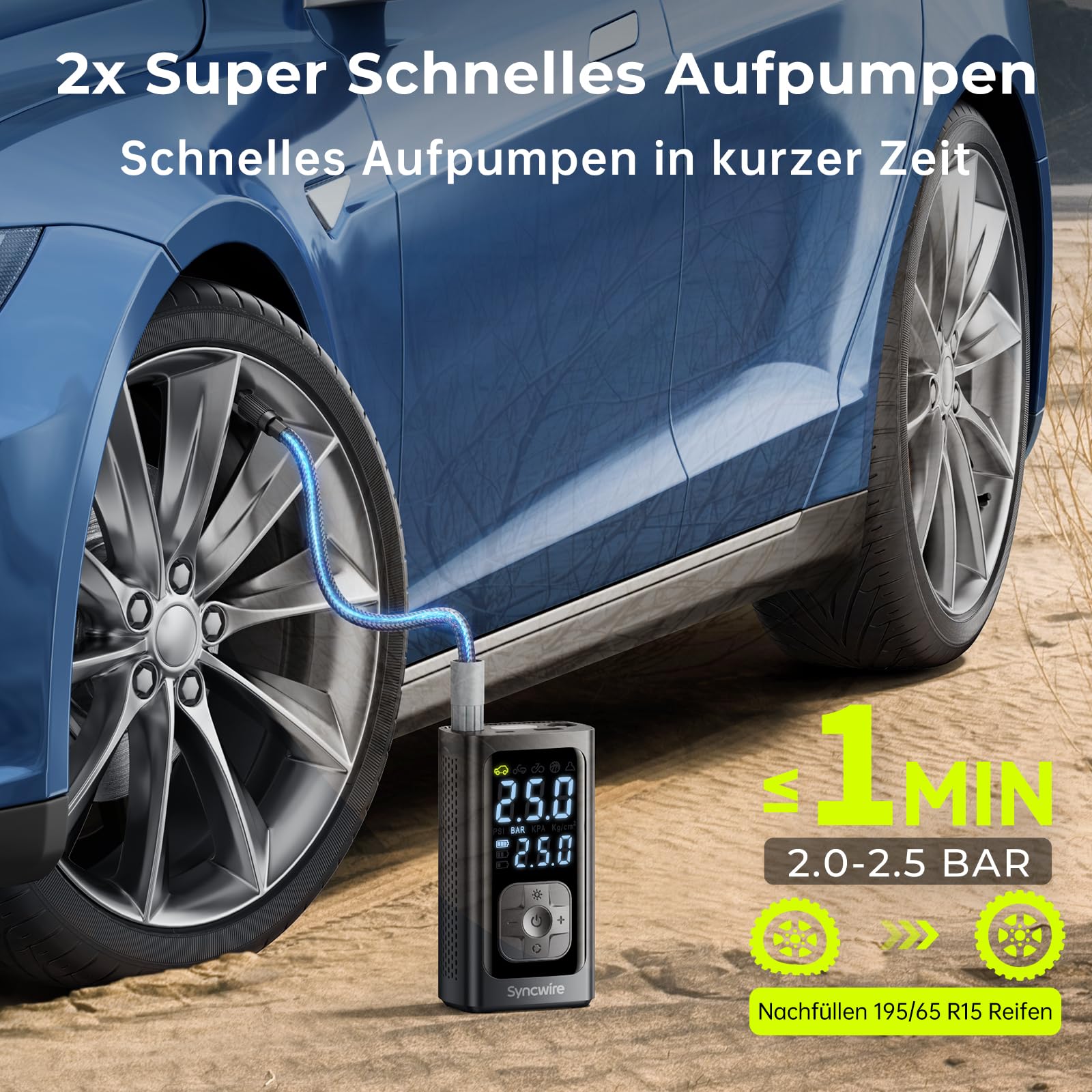 Syncwire Tragbarer Luftkompressor Mini Reifenpumpe - 10.35Bar Schnellere Elektrische Luftpumpe Autoreifenpumpe Car Inflator für Auto, Motorrad, Fahrrad & Bälle, mit Ventilkappen für Reifen, Großes LCD