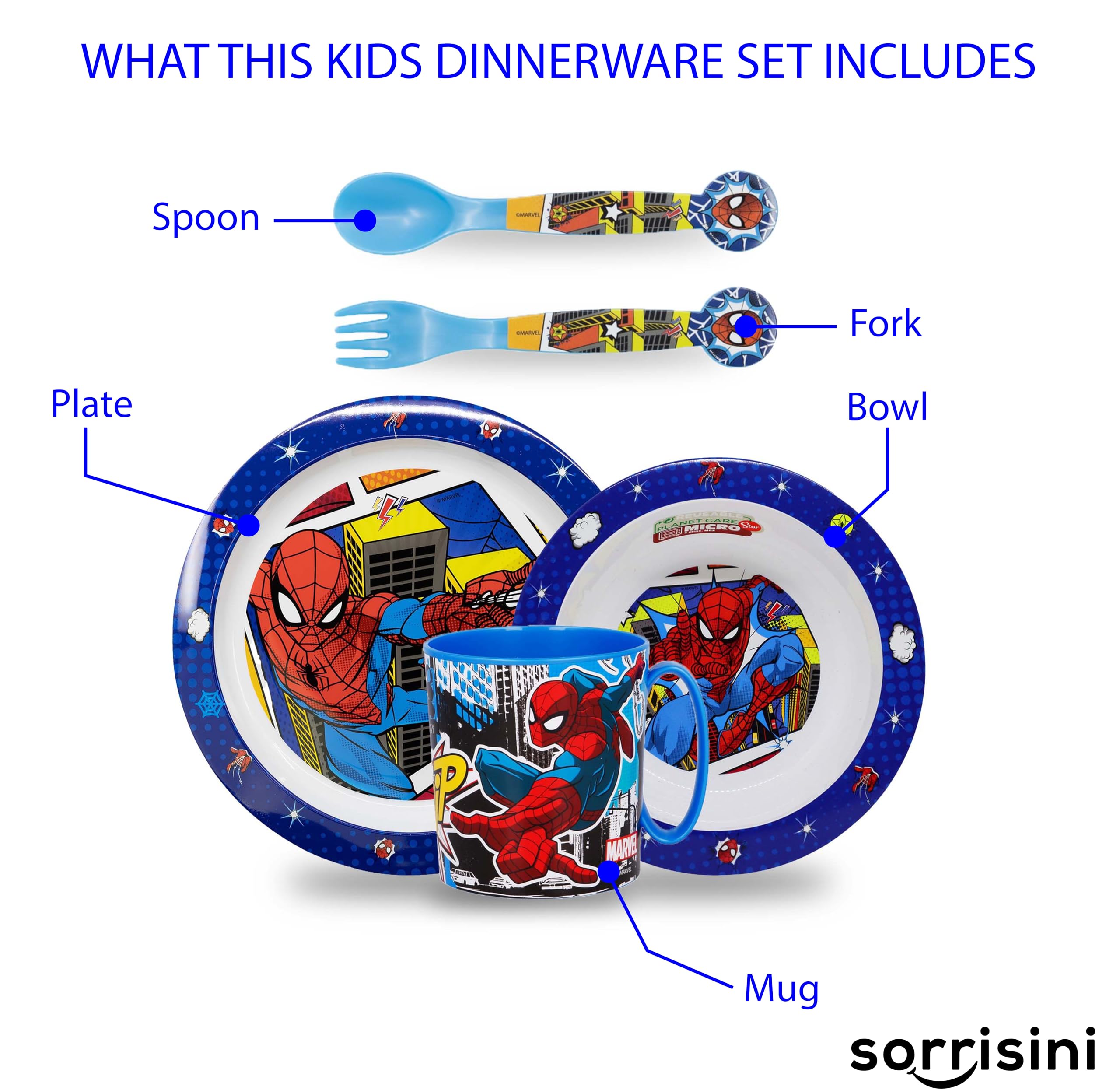 Set Piatti Bambini, Set pappa, Stoviglie bambini riutilizzabile per asilo, scoula, piatto, ciotola, posate, tazza 350ml, Set piatti in plastica dura, Spiderman