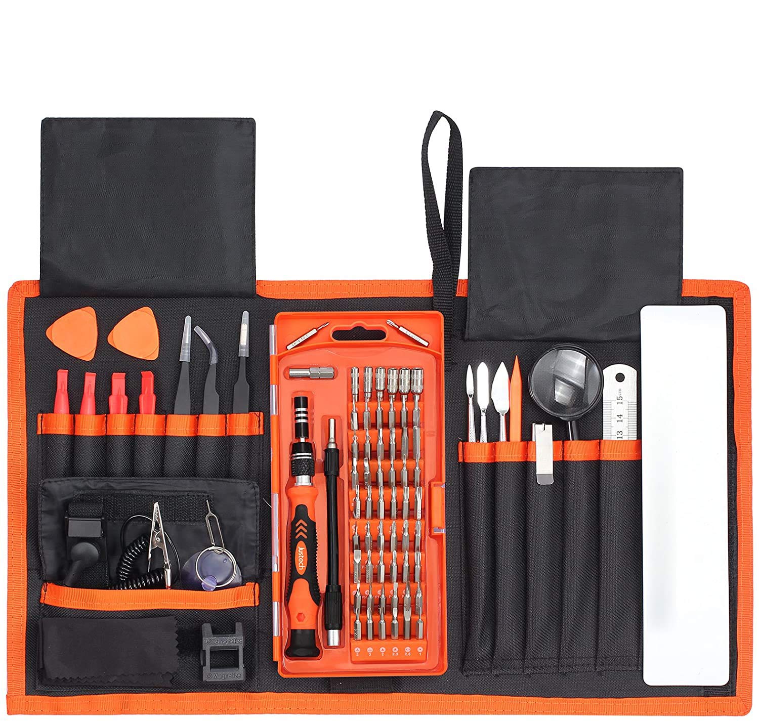 Justech Precision Screwdriver Set 82 in 1 Magnetic Mini Portable with 56 Bits Precision Driver Repair Tool for Portable Box For iPad iPhone Laptops PC Smartphones Watches and Other Devices-Orange