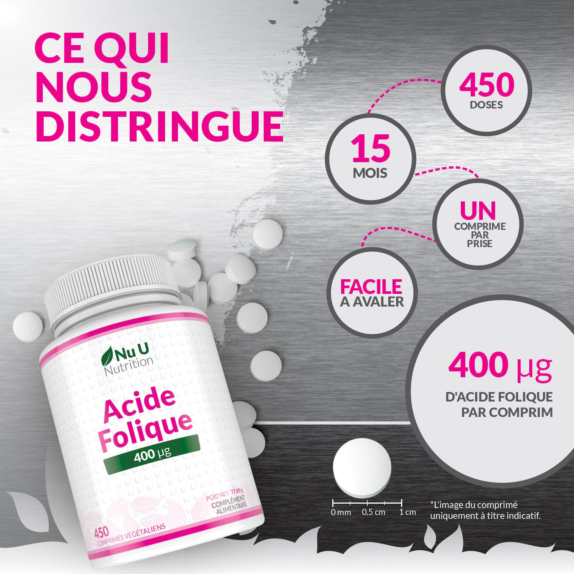 Acide Folique 400 µg – 450 Micro Comprimés Végétaliens – Cure de 15 Mois – Vitamine B9 Folate pour Femmes Enceintes – Supplément Prénatal – Fabriqué en Europe – Nu U Nutrition