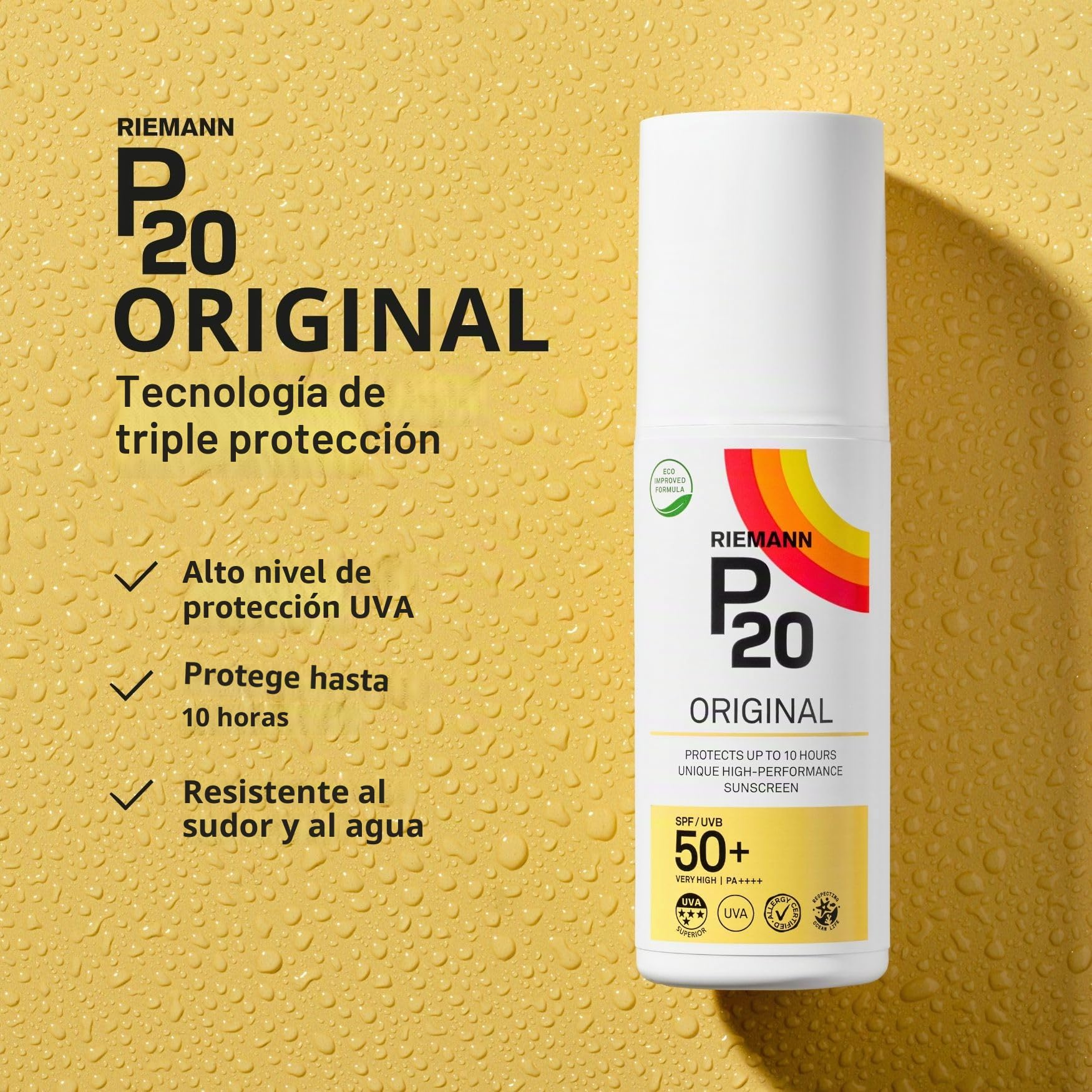 RIEMANN P20 Original SPF50+Plus Spray 200ml, Protección Solar Avanzada Triple Protección Alto Rendimiento, Resistencia al Sudor, Protege hasta 10 Horas, Muy Resistente al Agua, Alta Protección UVA
