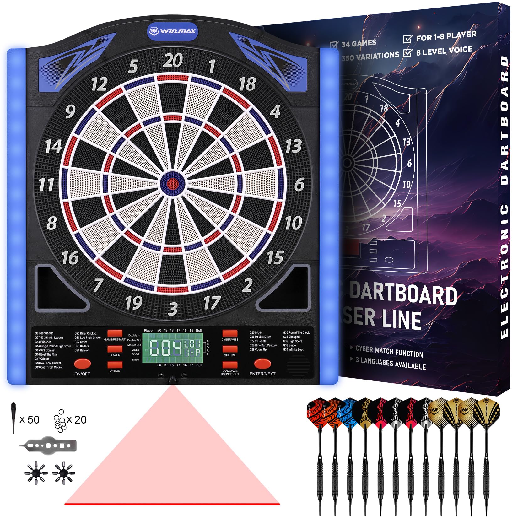 WIN.MAX Cible de fléchettes électronique professionnelle avec marqueur laser | Marqueur Toe Line avec voix allemande - Convient pour batteries/adaptateurs pour 1 à 8 joueurs avec 12 fléchettes