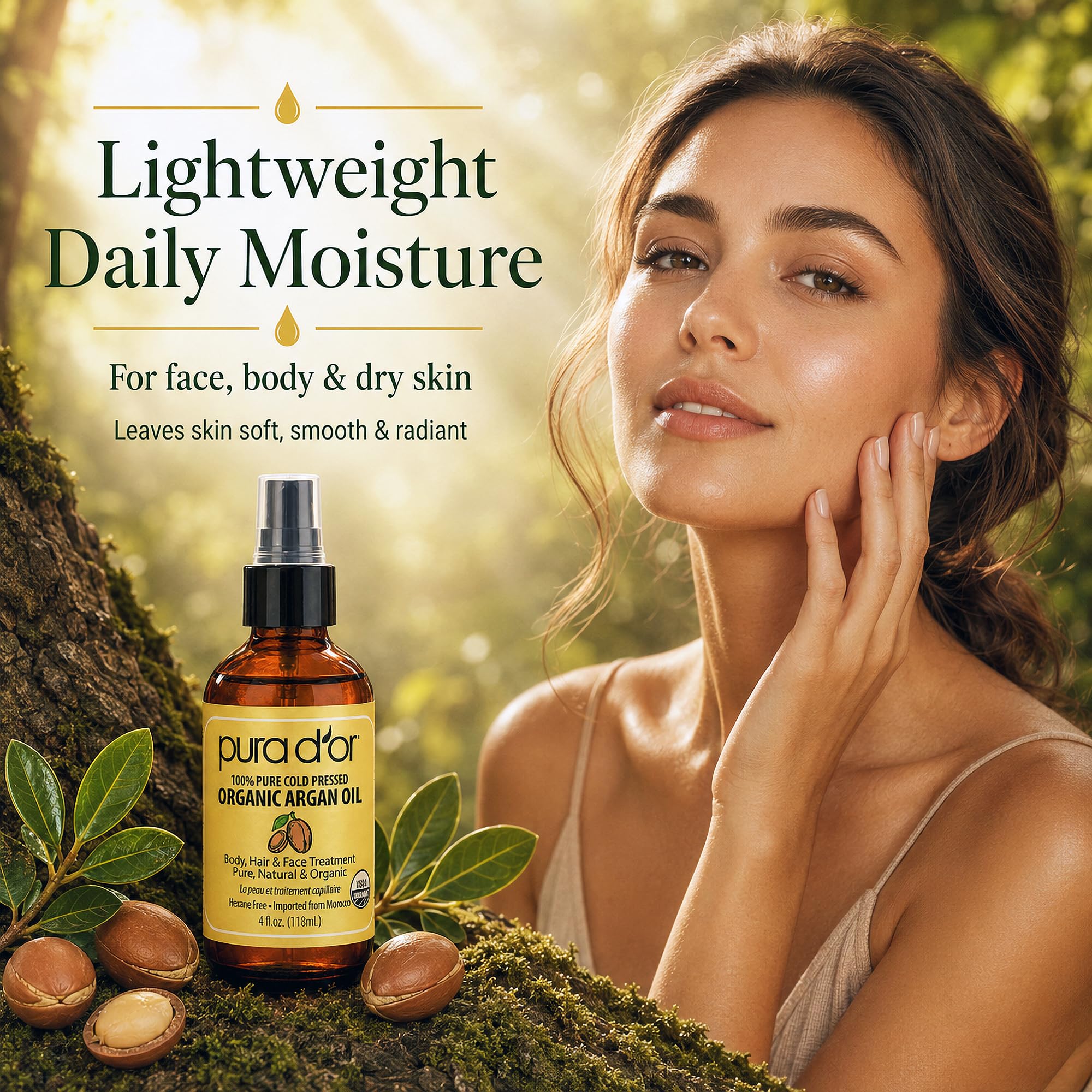 Pura D'Or Olio di argan marocchino biologico 100% puro spremuto a freddo e trattamento idratante organico USDA per viso, capelli, pelle e unghie, 118 ml