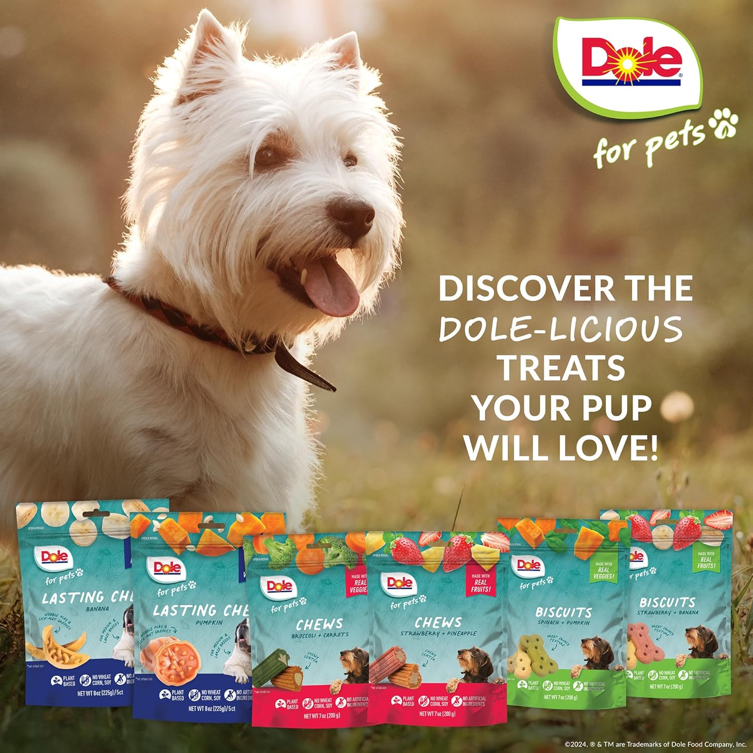 Dole for Pets Dog Chews, Assorted Strawberry + Pineapple Fruit-Flavored Treats, Real Fruit Flavor, No Artificial Colors Flavors or Preservatives, No Wheat Corn Soy, 7.05 Oz Bag - 6 Pack