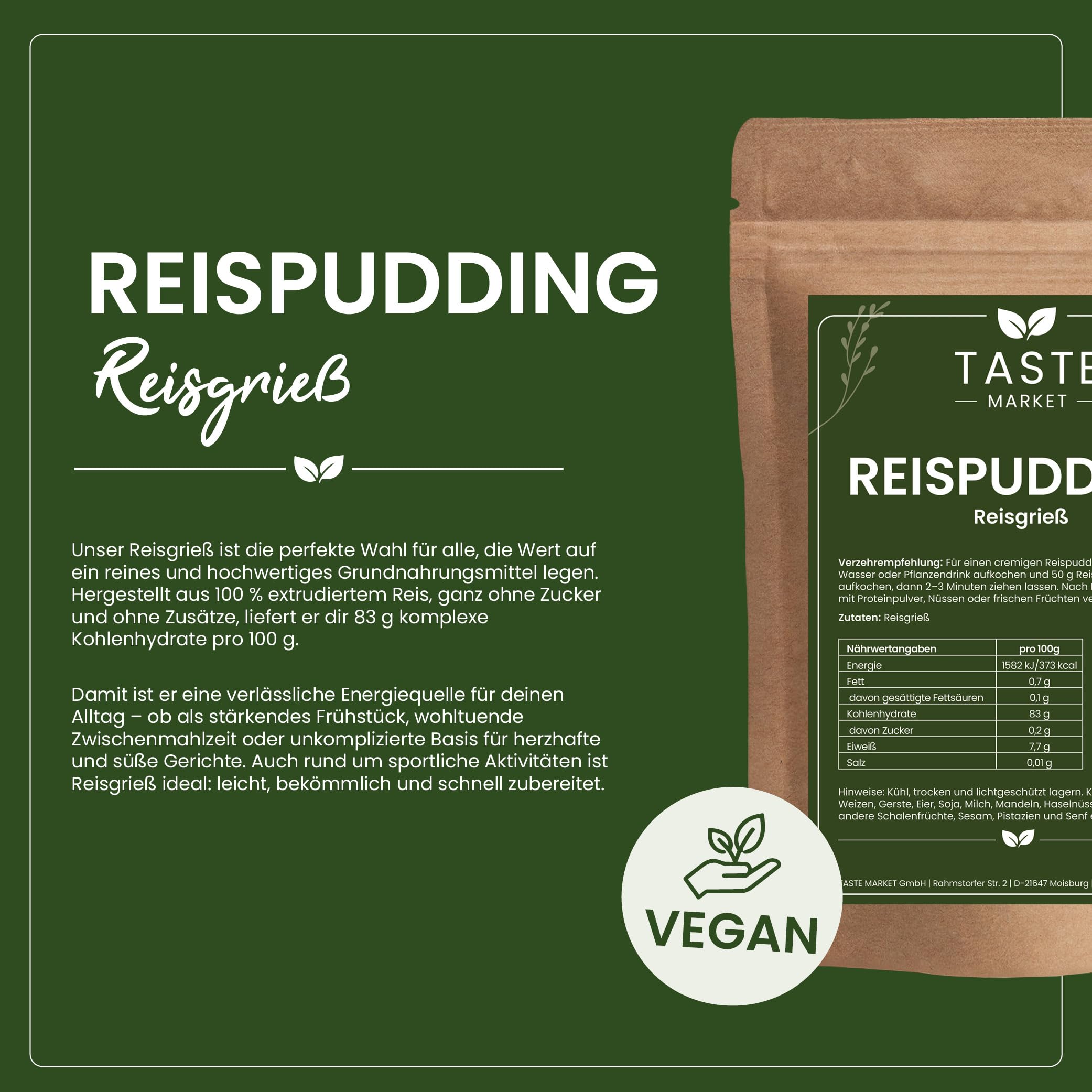 Instant Reispudding 15 kg Rice Pudding Reisgrieß neutral ohne Zucker & Zusätze Fitness Muskelaufbau Reismehl Taste Market