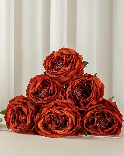 Miniatura 5 de DuHouse 5 rosas artificiales de seda color naranja quemado con tallos de tacto real para arreglos de boda, fiesta, decoración del hogar