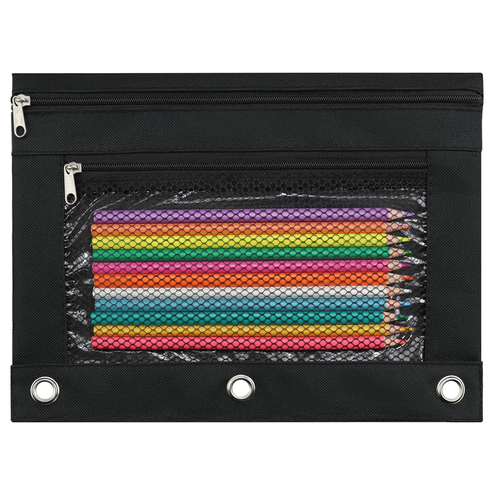 Pencil Pouch for 3 Ring Binder - 3 Hole Zipper Pen Case Bag Holder Bulk Accessories Clear Window Aesthetic Organizer Pockets (Stain Black)