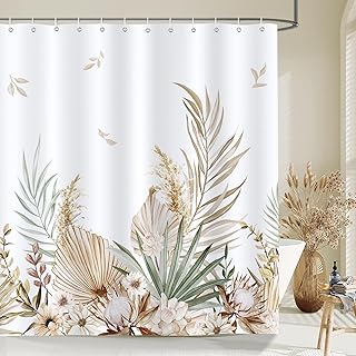 Boho Leaves Shower Curtain, Watercolor Tan Leaf Floral Plant Farmhouse Bathroom Curtain 72x72 Inch Polyester Fabric Waterproof Bath Curtain with 12 Hooks