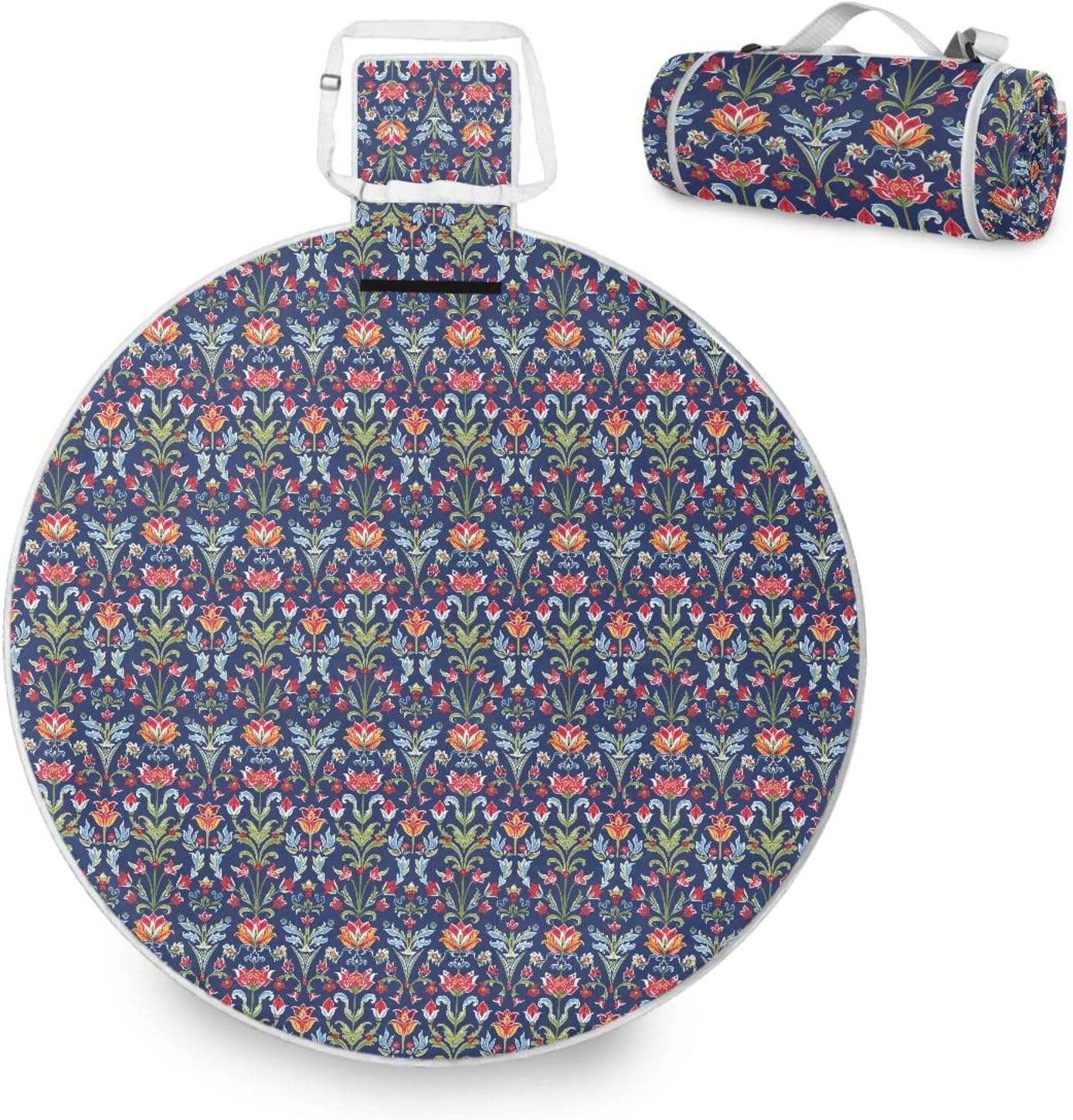 Round Beach Essentials - Fits 2 Adults, Summer Accessories Large Big Picnic Blanket for Beach Mat or Family Outdoor Camping Party 58 in (Traditional Flower Deep Blue)