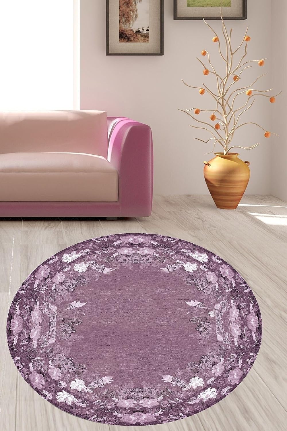 Pelangi Pembe Çiçek Desenli Yuvarlak Halı, Pembe 120 x 120