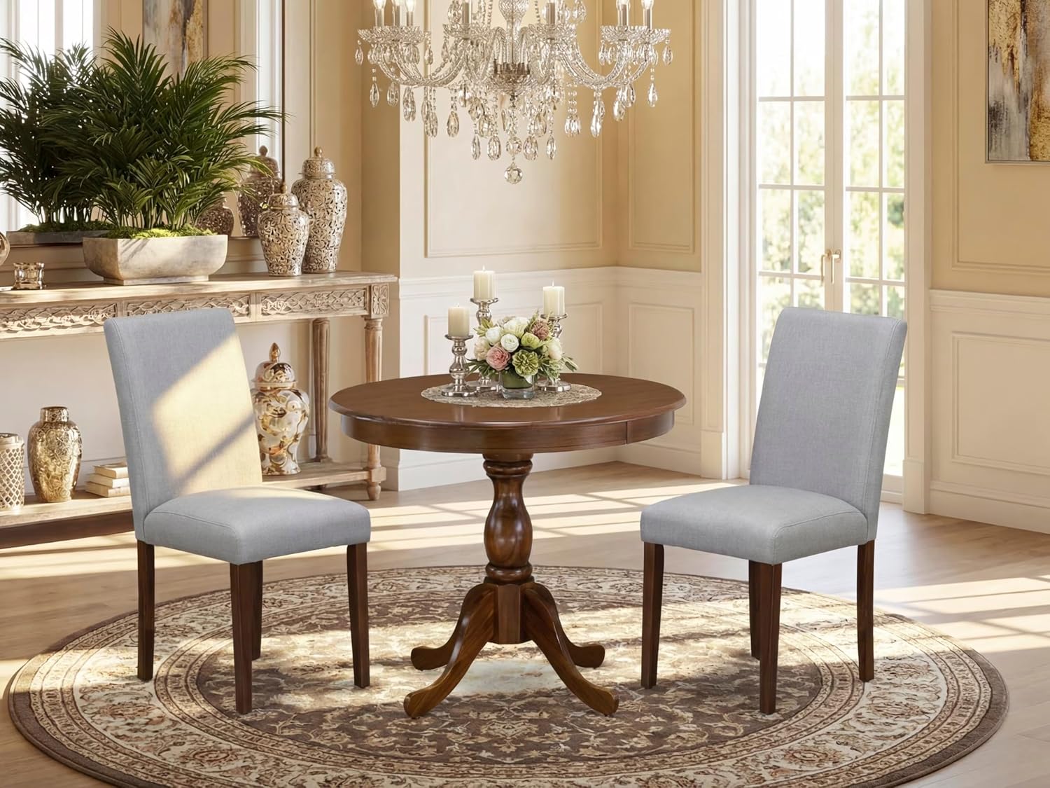 East West Furniture AMAB3-AWA-05 3 Piece Kitchen Table Set for Small Spaces Contains a Round Dining Room Table with Pedestal and 2 Grey Linen Fabric Parsons Chairs, 36x36 Inch, Walnut