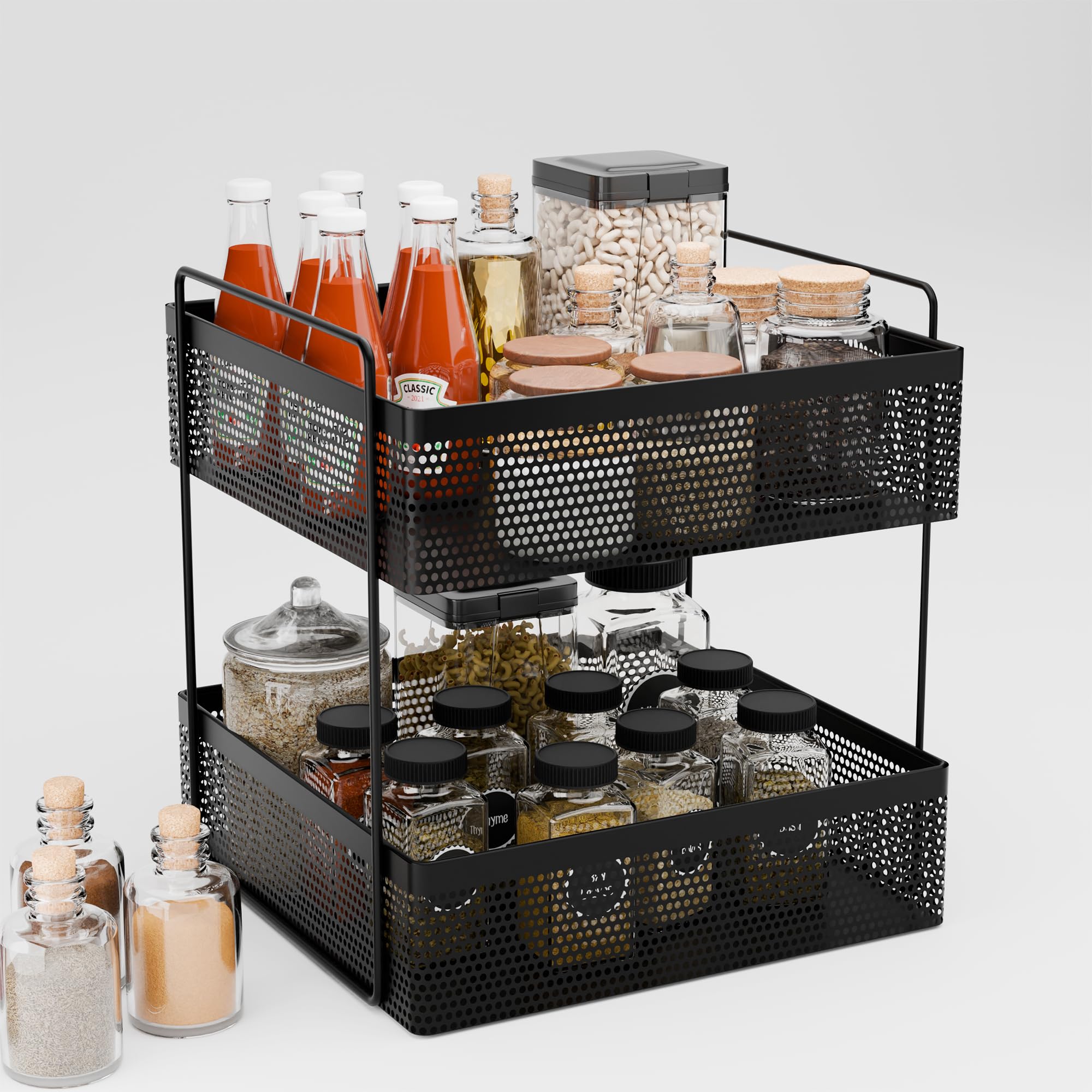 Kuber Industries 2-Tier Metal Square Kitchen Rack Stand Organiser | Countertop Organizer Kitchen Bathroom Standing Rack | Spice, Oil, Masala, Cosmetics & Bathroom Vanity Storage Rack Shelf | Black