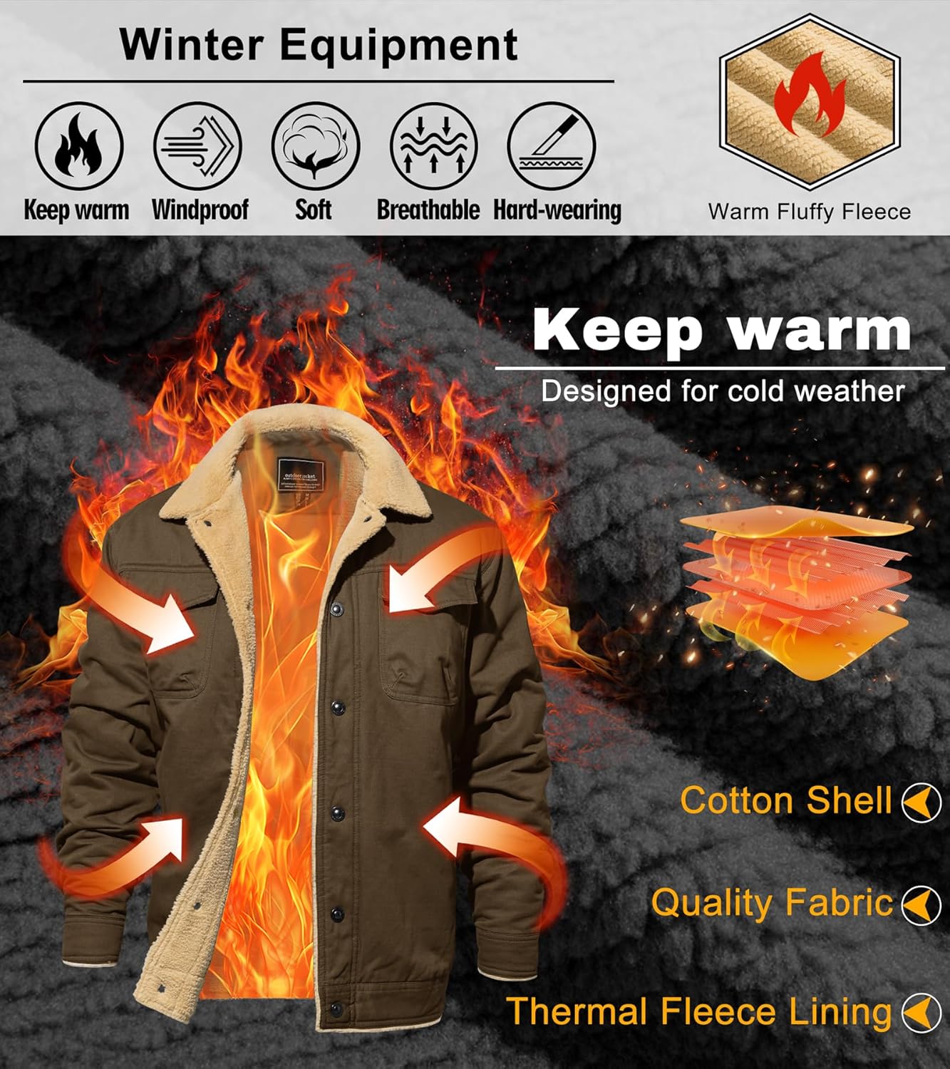 EKLENTSON Men's Winter Jacket Thick Thermal Cotton Warm Fleece Lined Coat Trucker Lapel Work Cargo Jackets for Men - Image 4