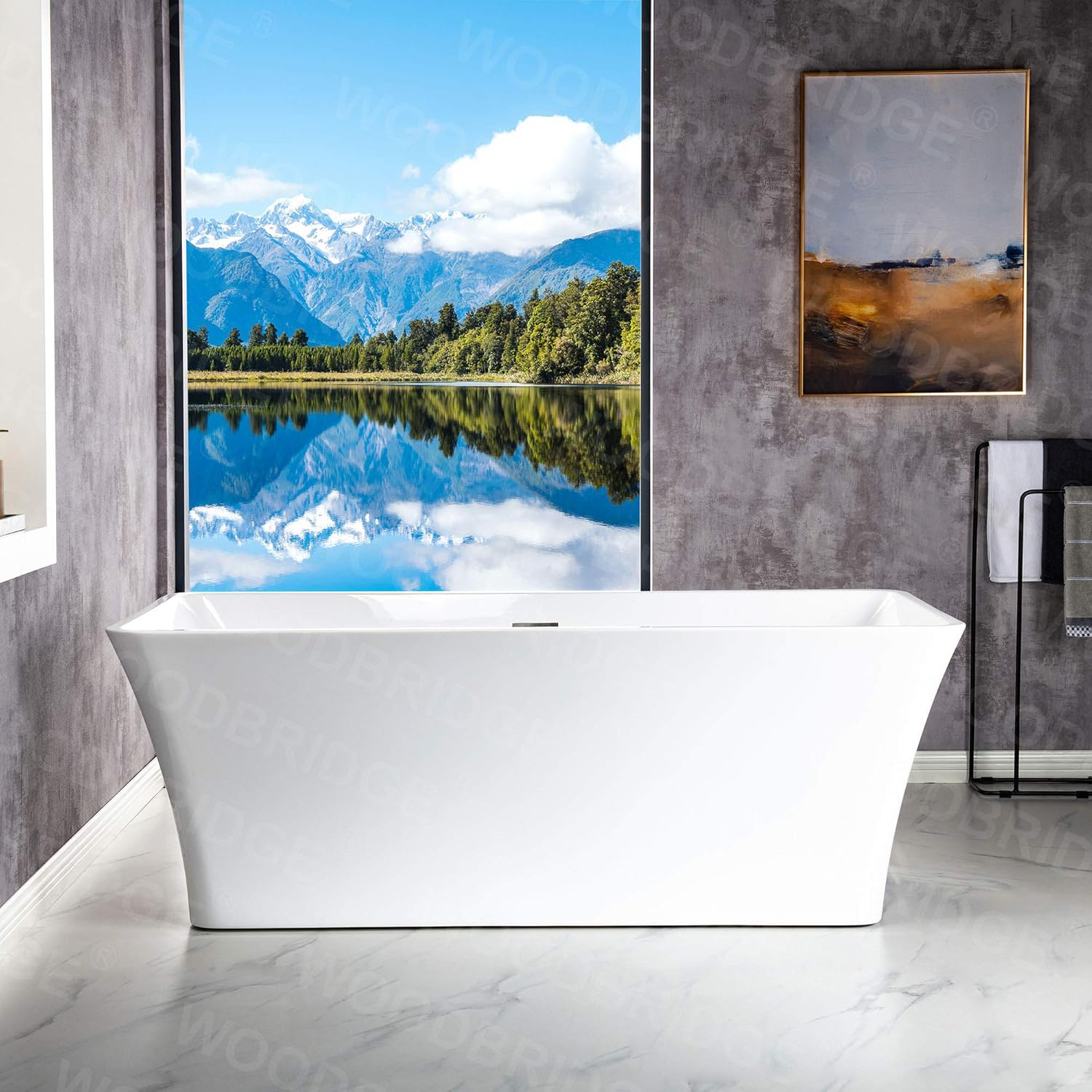 WOODBRIDGE 67" Acrylic Freestanding Bathtub Contemporary Soaking White Tub with Brushed Nickel Overflow and Drain，BTS1609 -B/N-Drain &O