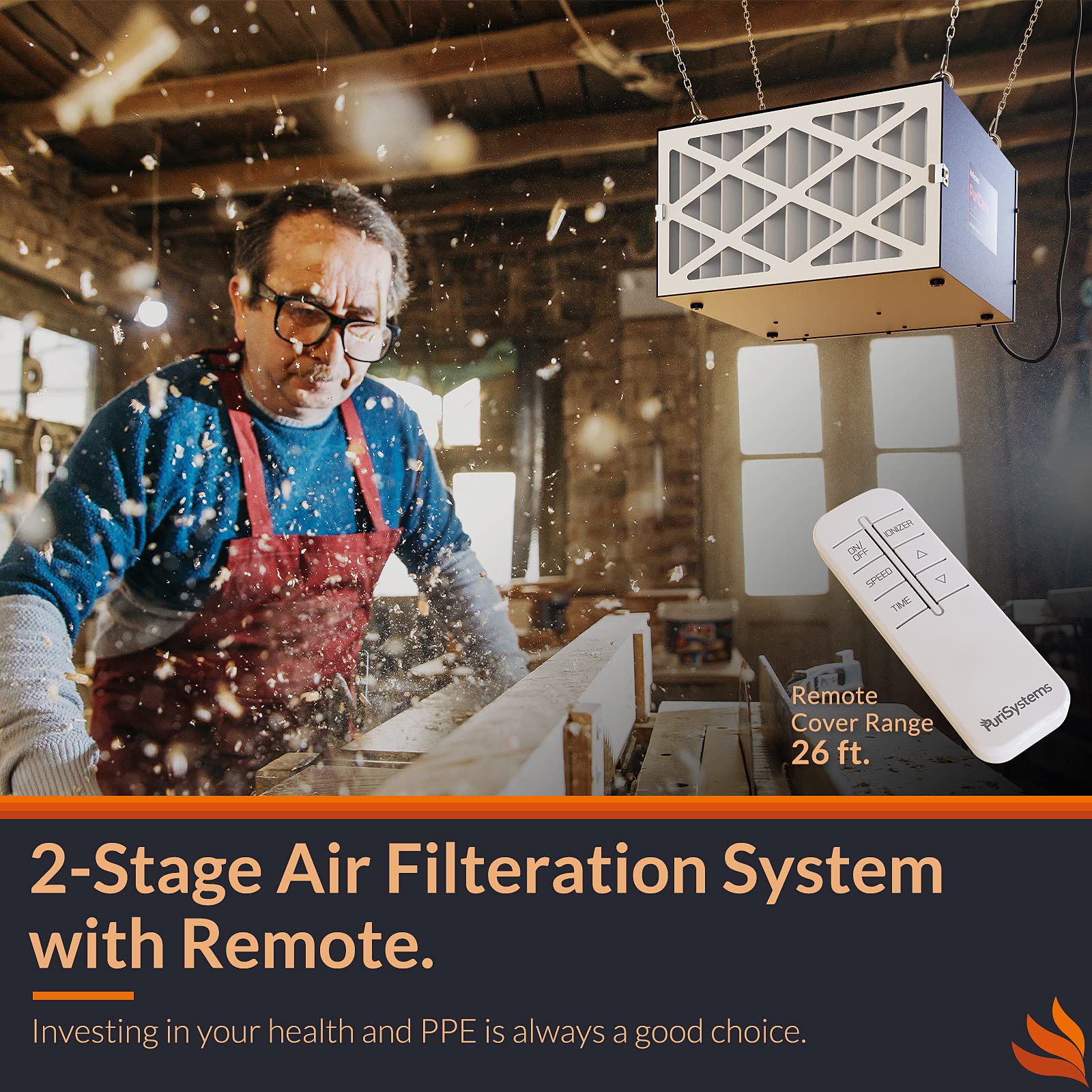 Purisystems - Sistema de filtración de aire remoto de 3 velocidades, filtro de aire colgante PuriCare 500 con control remoto RF para carpintería, purificador de aire de cochera, colector de polvo,