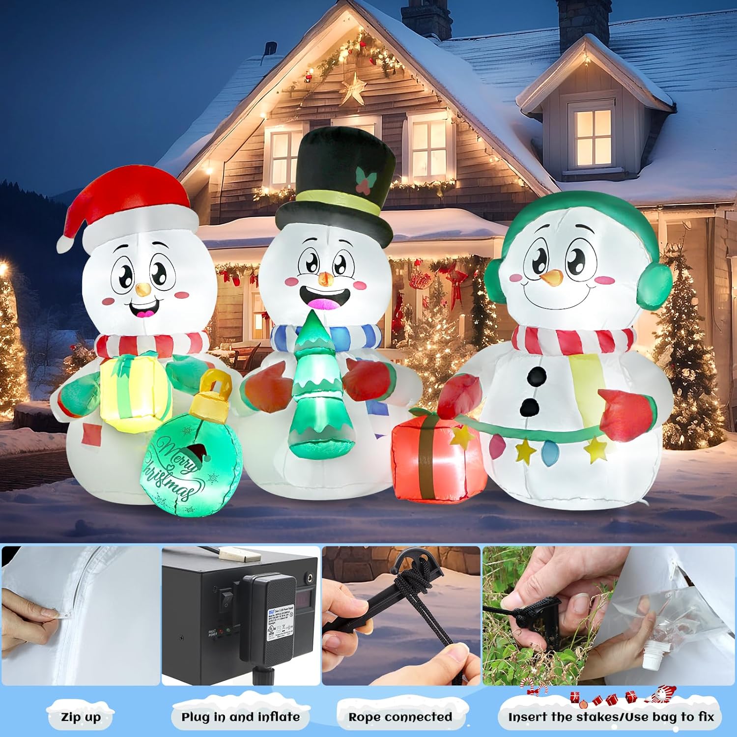 6 FT Long Christmas Inflatable Decoration Snowman with Tree Gifts Coloured Ribbon, 3 Pack Small Snowman with Built-in LEDs Lights Christmas Blow Up Yard Xmas Party Outdoor Garden Lawn Winter Decor
