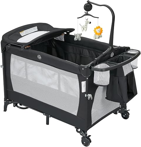 Beistellbett Baby 5-In-1, Reisebett Baby mit Matratze, Babybett Reisebett mit Rollen, Bassinet & Wickeltisch,Faltbarer Laufstall mit Musik-Spielbogen,Matratze, Atmungsaktives Netz, ab Geburt bis 15 kg