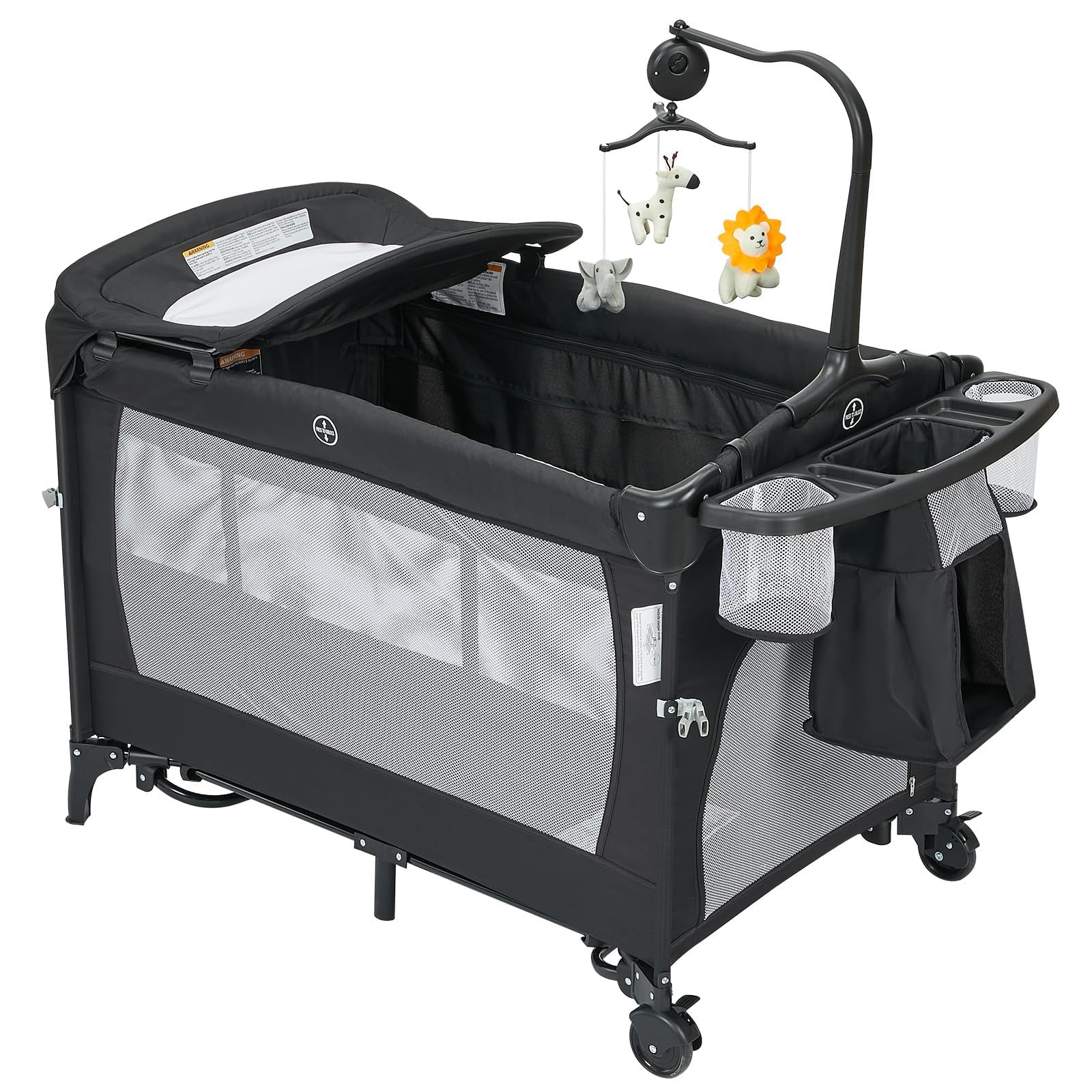 Garvee Babybett und Reisebett Baby mit Matratze, 5-in-1 klappbar Wiegefunktion Beistellbett Wickeltisch Spieluhr, Automatische Wiege Zum Einschlafen, mit Rollen atmungsaktive Netzfenster bis 15 kg