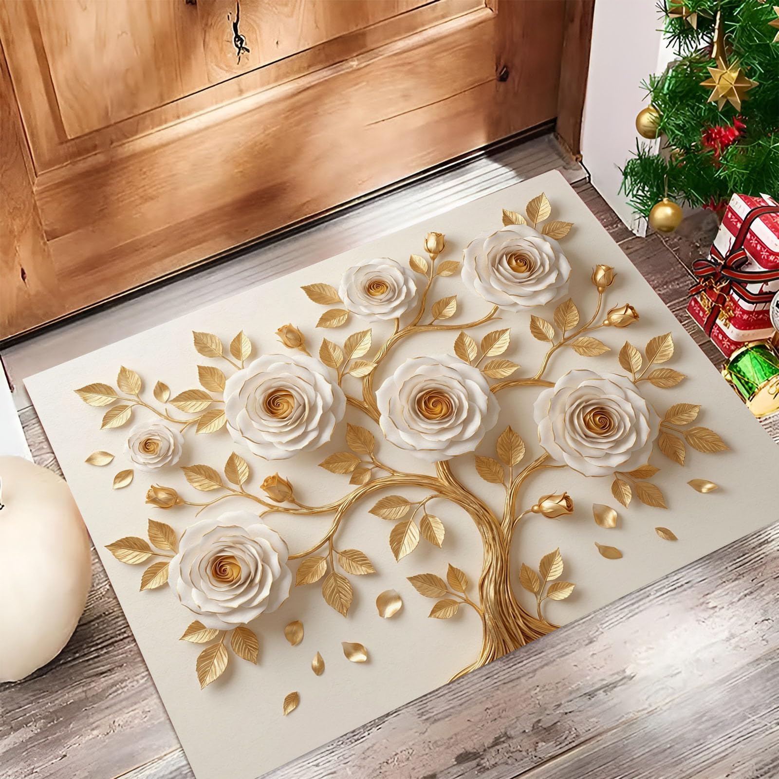 Zerbino Con Rilievo 3D Di Lusso Di Rami D'Albero Di Benvenuto, Tappeto Ingresso Antiscivolo Elegante Rosa Bianca Beige, Tappetino Lavabile Decorazione Per La Casa Per Portico Esterno, 60X90Cm