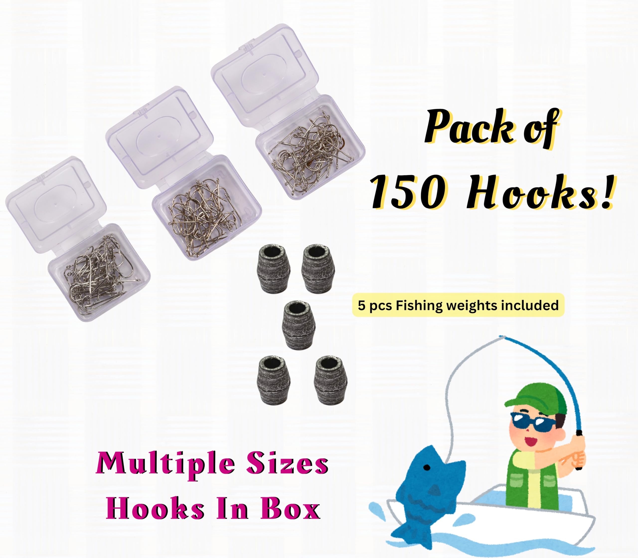 Pyengora Fishing Hooks Assorted Sizes |150 Pcs, 3 Sizes Set | Fish Hook  Suitable for Beginners, Amateur Fish Catchers | Fishing Accessories Set :  ...