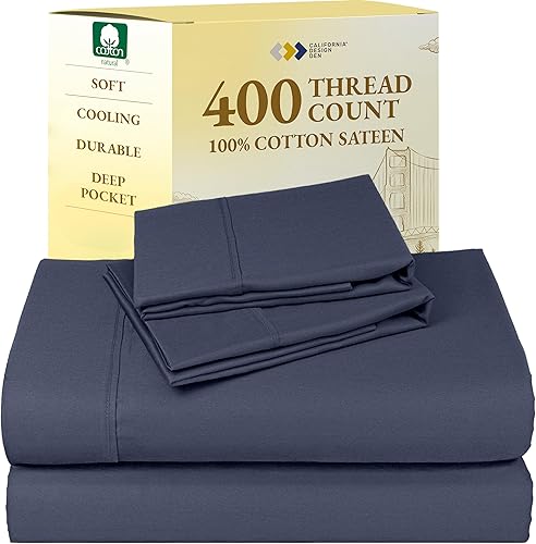 Vista 128 de Juego de sábanas de 400 hilos y 6 piezas, tamaño King, con 4 fundas de almohada, ropa de cama de 100 % algodón con tejido satinado, color azul 12