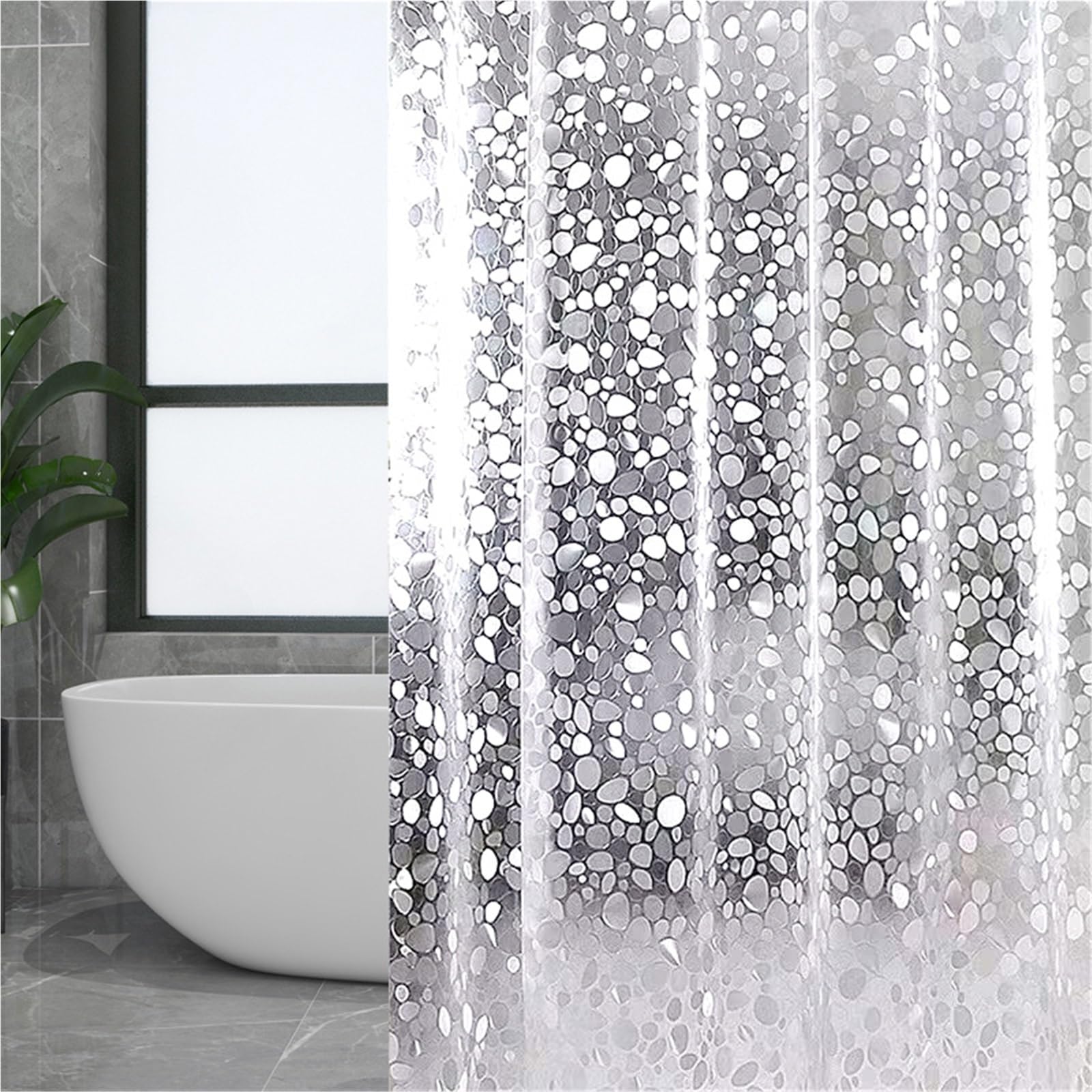 EVA Shower Curtain Liner, Heavy Duty Waterproof Bathroom Liner, Cobblestone Pattern, Long Clear Shower Curtain with Magnets, Eco-Friendly & Tear Resistant, with Rustproof Hooks(78.7