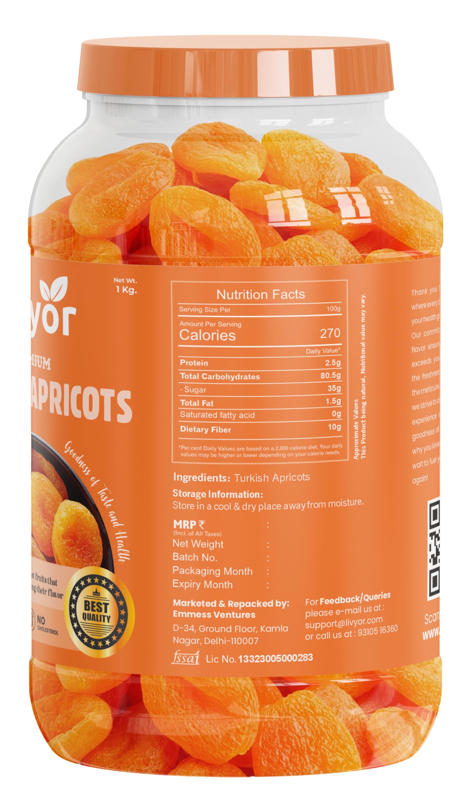 Livyor Turkish Apricots - 1kg | Dry Fruits | Dried Apricot | Khumani | Dried Apricots | Dry fruits Apricots | Rich in Fibre | Gluten Free | Pack of 1 - Image 2 thumbnail