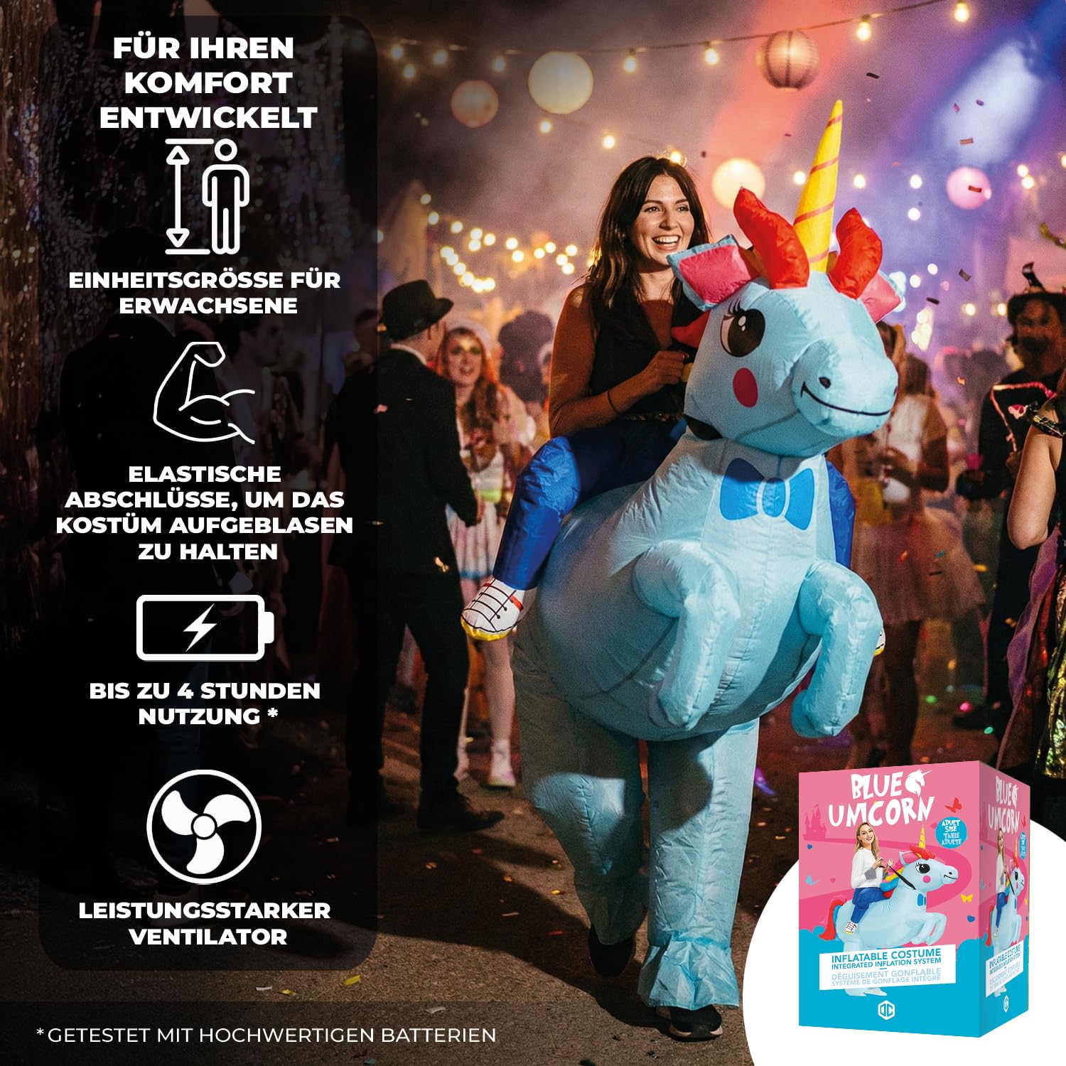 AirSuit® Aufblasbare Verkleidung Blaues Einhorn | Ungewöhnliches Kostüm in Erwachsene | Größe 160 bis 190cm | Premium Qualität | Aus sehr strapazierfähigem Polyester | Aufblassystem | OriginalCup®
