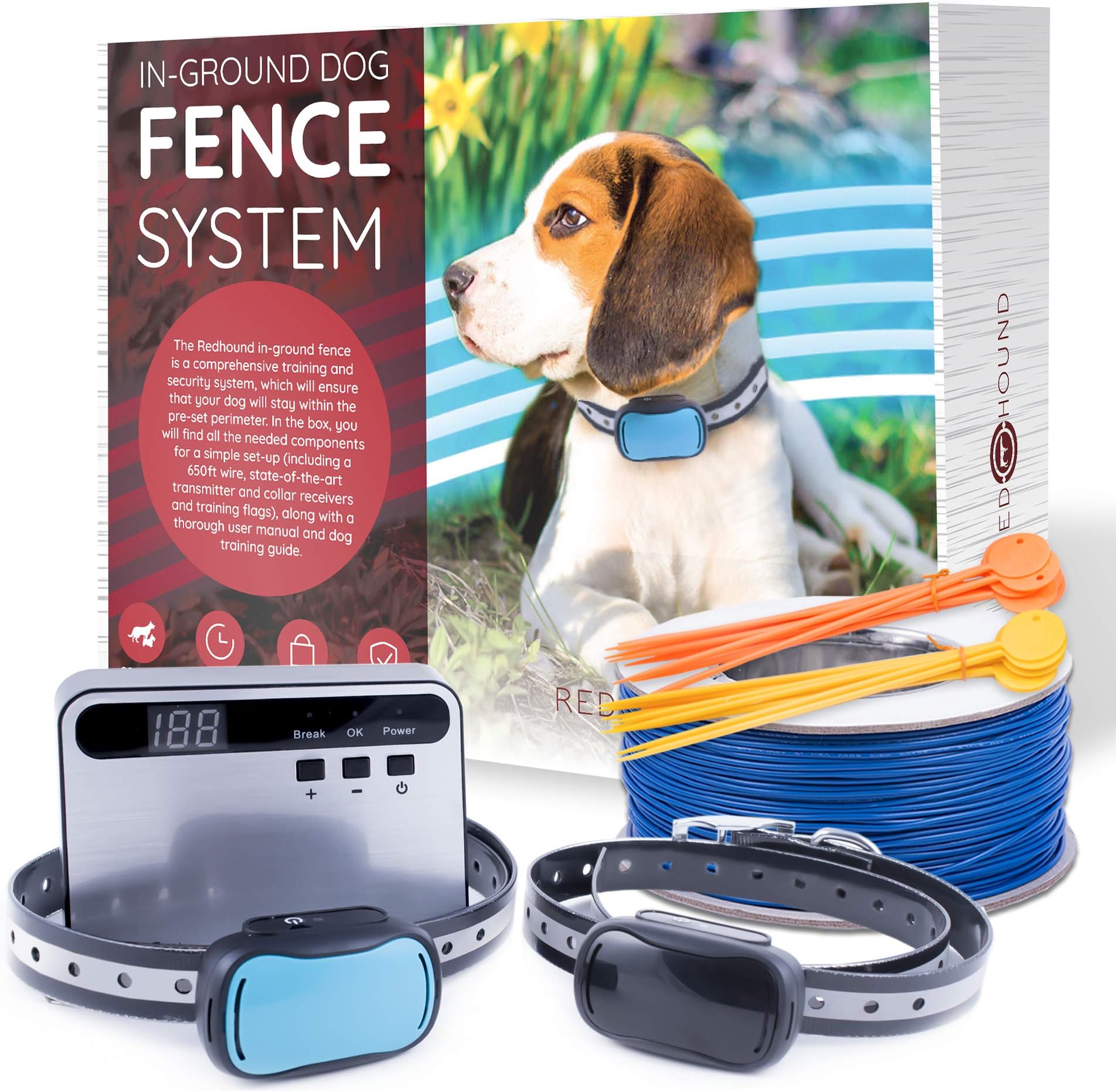 Redhound Inground Dog Perimeter Fence to Prevent Pets Escaping - Easy to Set Up Maintain Wireless Electric Containment System 2 Shock Collars Medium to Large Dogs
