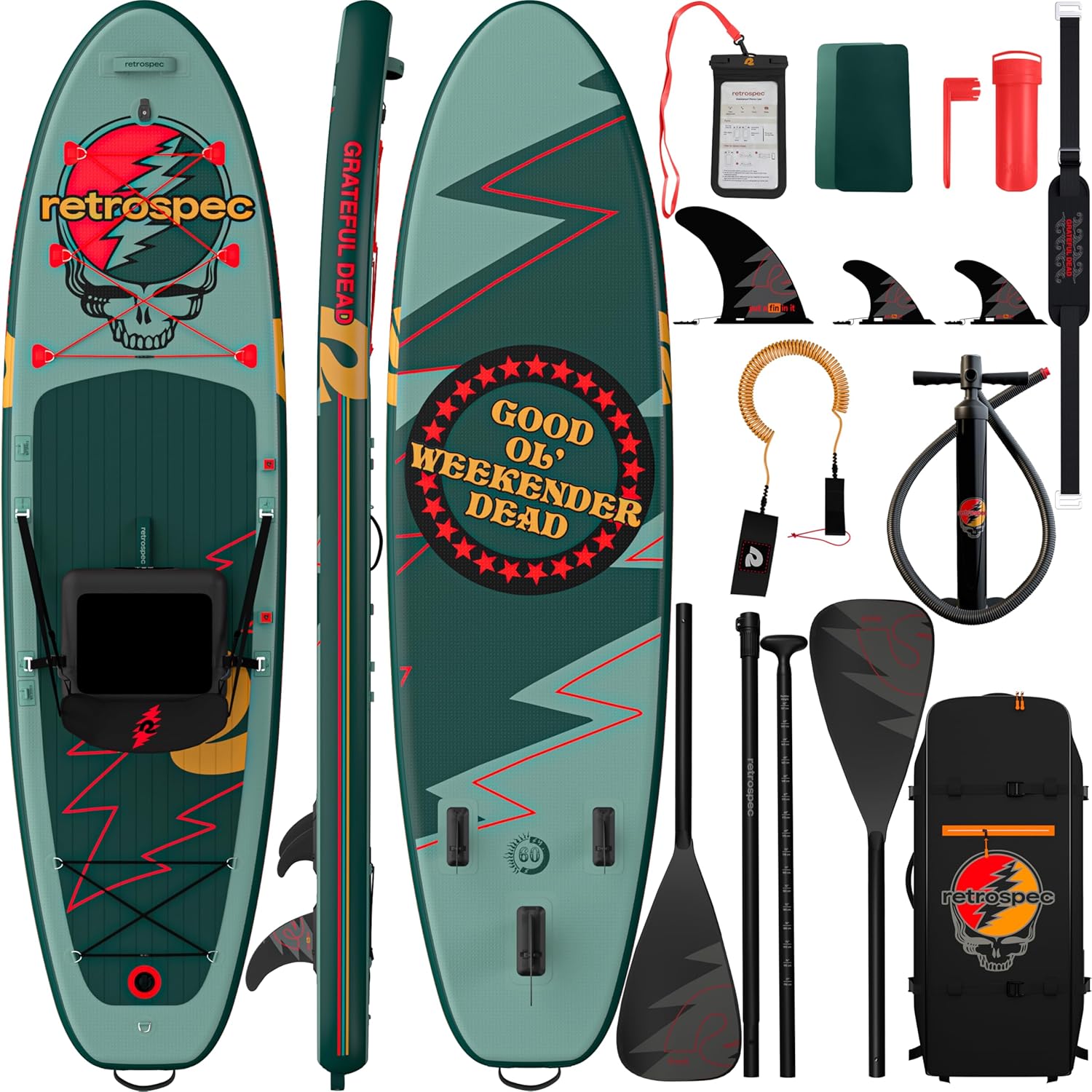 Retrospec Weekender Plus 10' Inflatable Stand Up Paddleboard Double Layer PVC iSUP Bundle w/Carrying case, 3 Piece Adjustable Aluminum Paddle, 3 Removable fins, Pump, and Cell Phone case