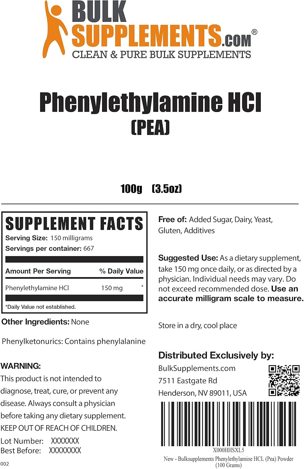 BulkSupplements.com Phenylethylamine HCl (Pea) Powder - Pea Supplements - Appetite Stimulant - HCl Supplement - Sports Nutrition Endurance & Energy Products (100 Grams - 3.5 oz)