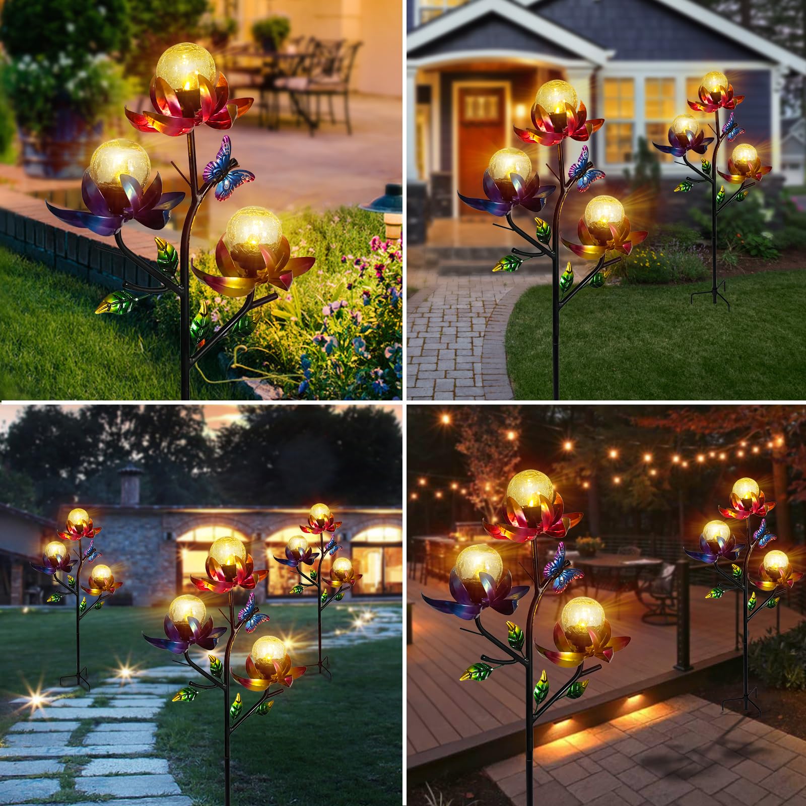 Luci solari decorative per esterni, fiori di loto a vento, paletto da giardino con palline a LED crepitanti, scultura a vento solare, decorazione artistica per cortile, prato e giardino