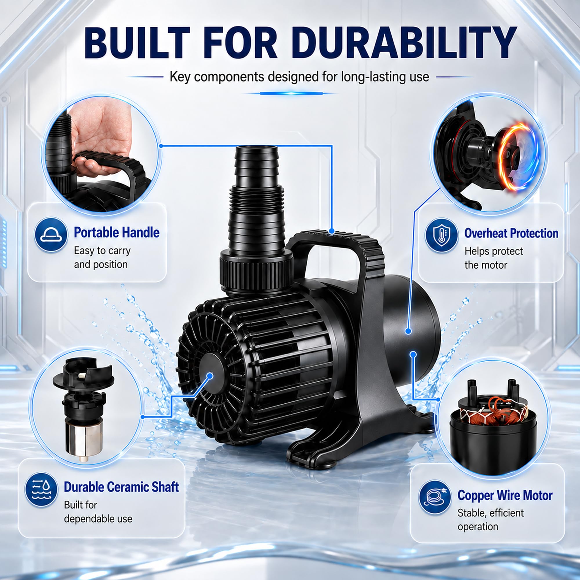 WaterRebirth (2200GPH-120W, lista UL) PS - Bomba de agua sumergible de alto flujo - Bomba de estanque - Bomba sumergible - Bomba de fuente de agua - Bomba de acuario, PS-2200