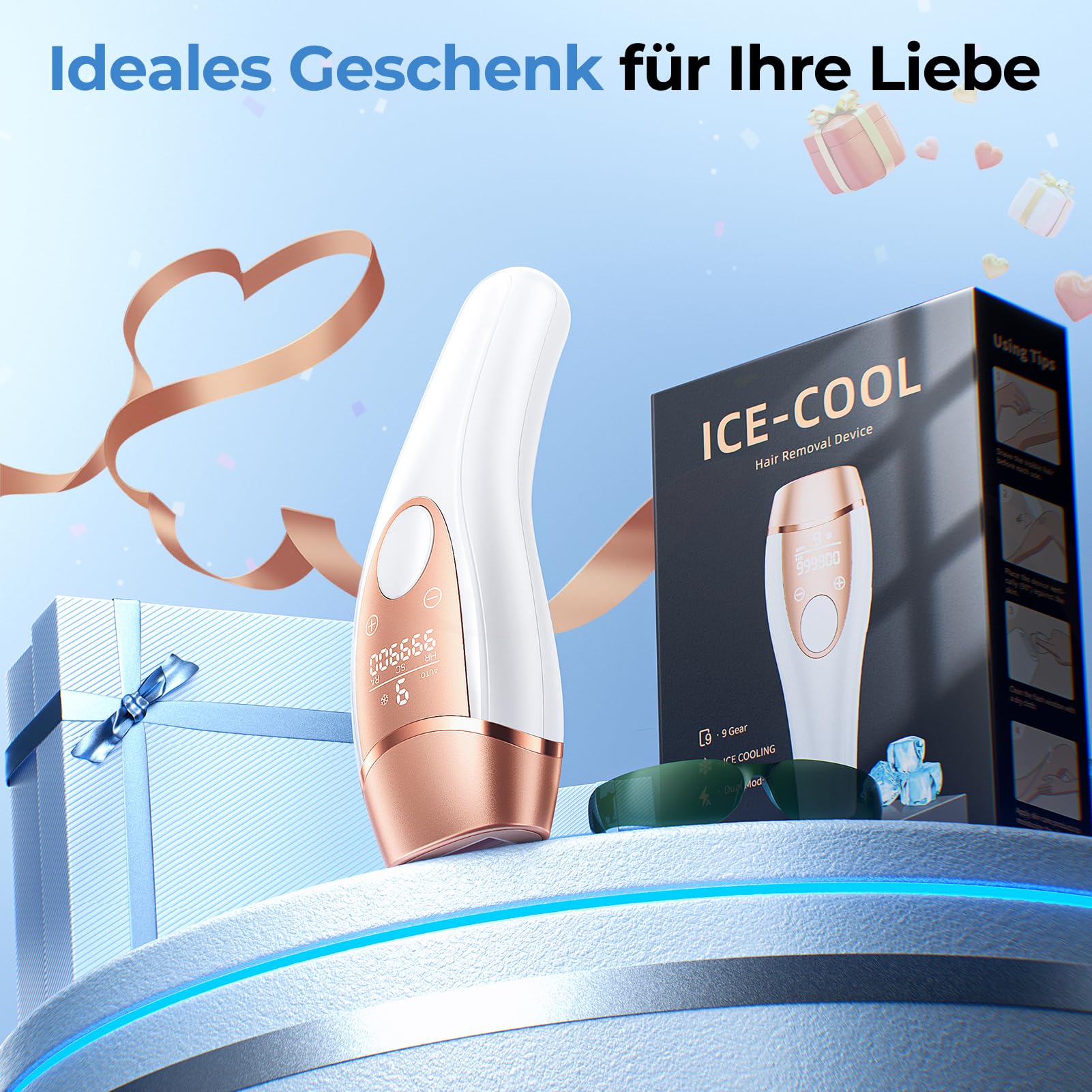 IPL Haarentfernungsgerät mit Eiskühlsystem, 21J, 9 Energiestufen, 999.900 Blitze für Frauen