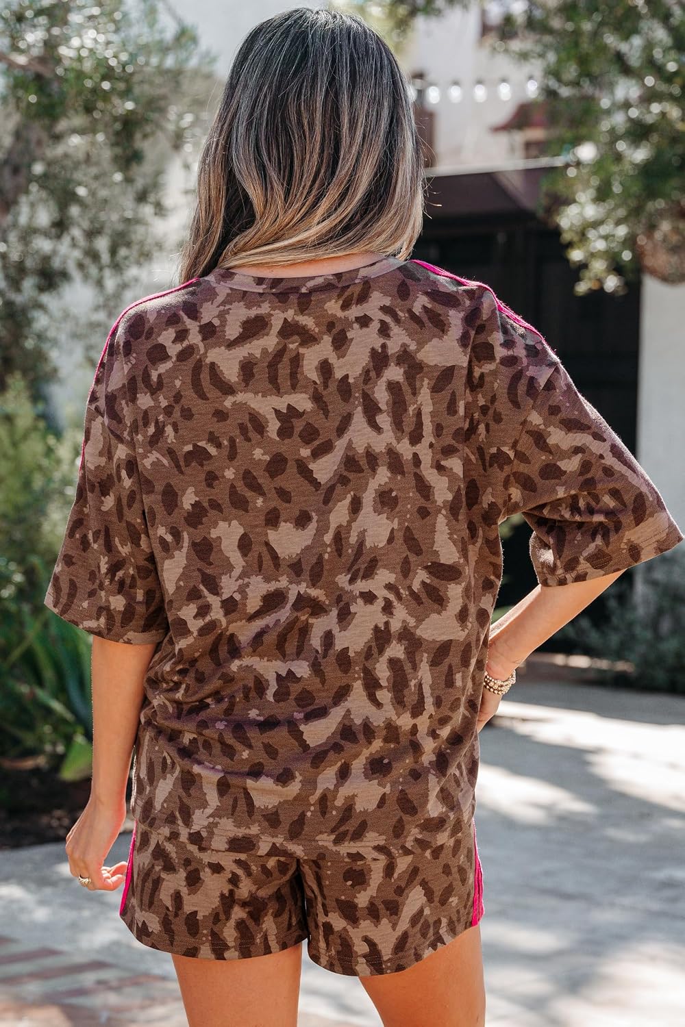Women Trendy Striped Leopard Print 2 Piece Outfits | Casual 2 Piece Set,Animal Print Short Set,Colorblock Lounge Set,High Waist Matching Set,Short Sleeve Clothes,for Daily Wear
