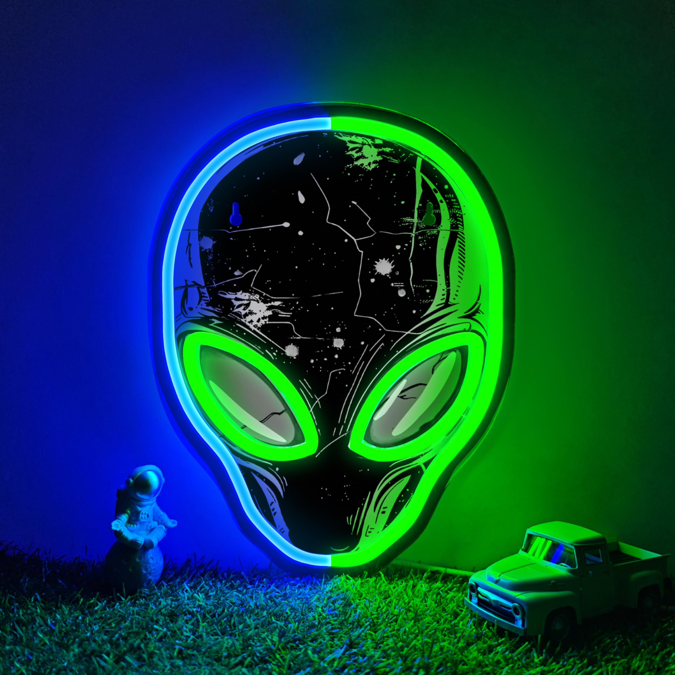 GGAQQ Alien Mask Neon Sign for Wall Decor, Cool Cyberpunk Sci-Fi UV Design LED Light Hanging Sign USB Powered with Dimmable Switch for Teen Boy Girl Bedroom Playroom Game Room