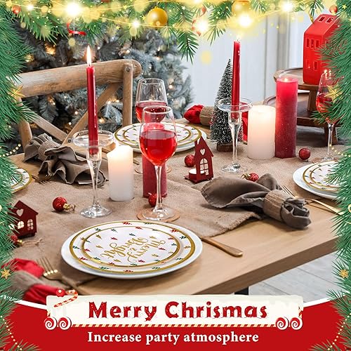 Miniatura 5 de 96 piezas de suministros de fiesta de Navidad, platos de papel y servilletas, juego de vajilla desechable, incluye platos de Navidad, servilletas,