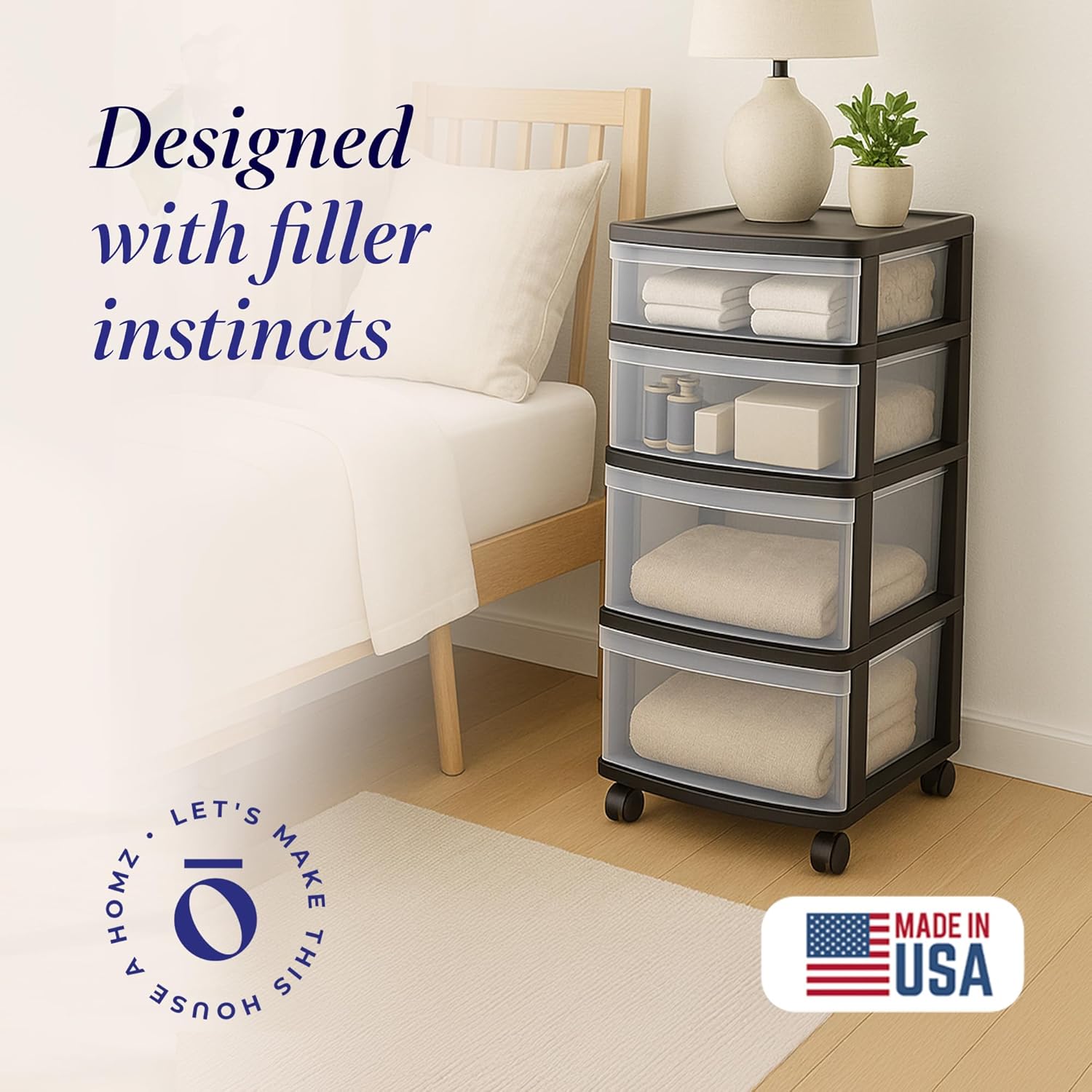 HOMZ Drawer Tower, 4-Tier Clear Plastic Storage Organizer Cart, Black Frame - Multi-Purpose Rolling Drawers with Wheels for Bedroom, Bathroom, and Office Organization - Image 4