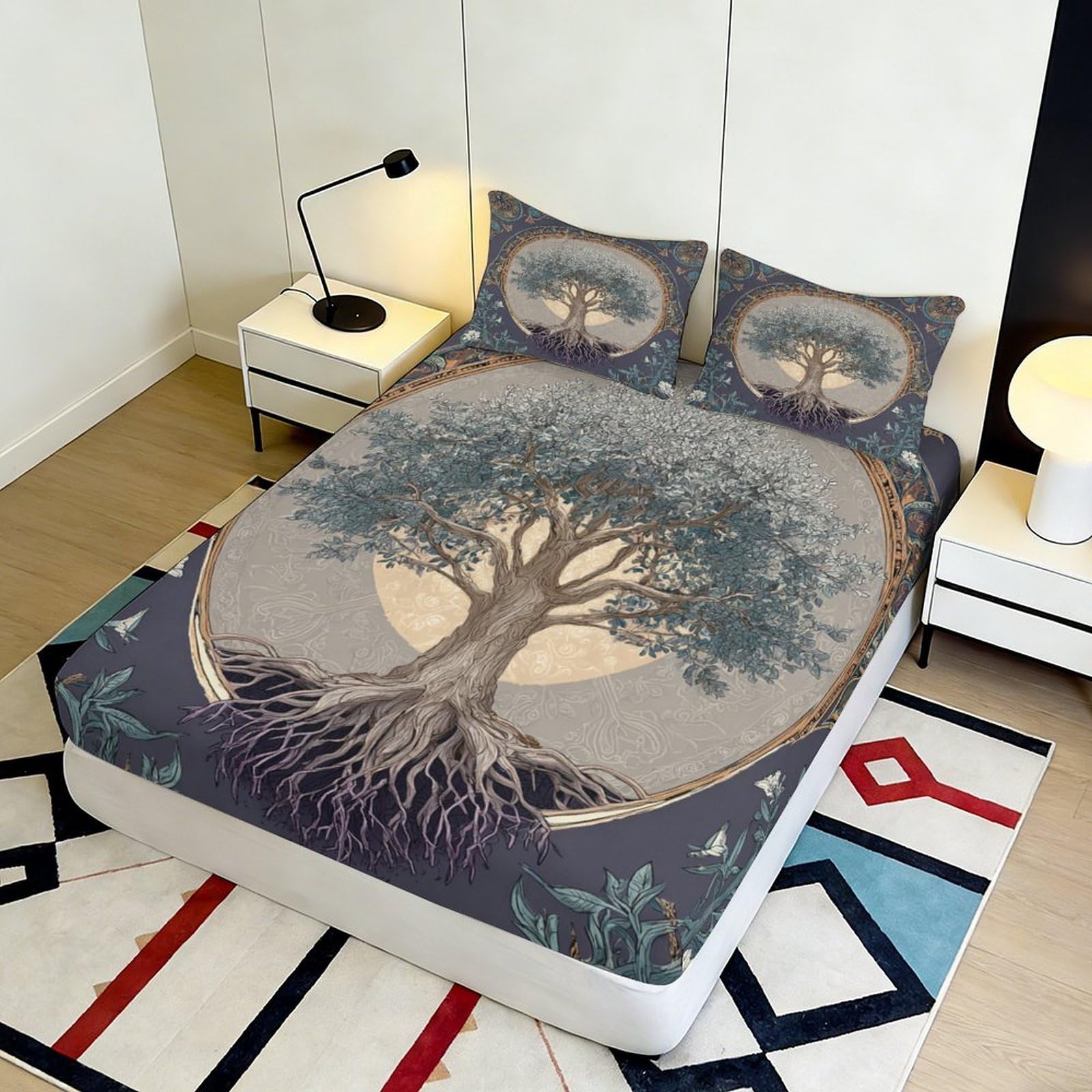 Lenzuolo con angoli con stampa 3D, motivo albero, in microfibra, antiscivolo, per la casa | morbido, coprimaterasso, facile da pulire, per tutto l'anno, traspirante, lavabile in lavatrice, 200 x 200 x 25 cm
