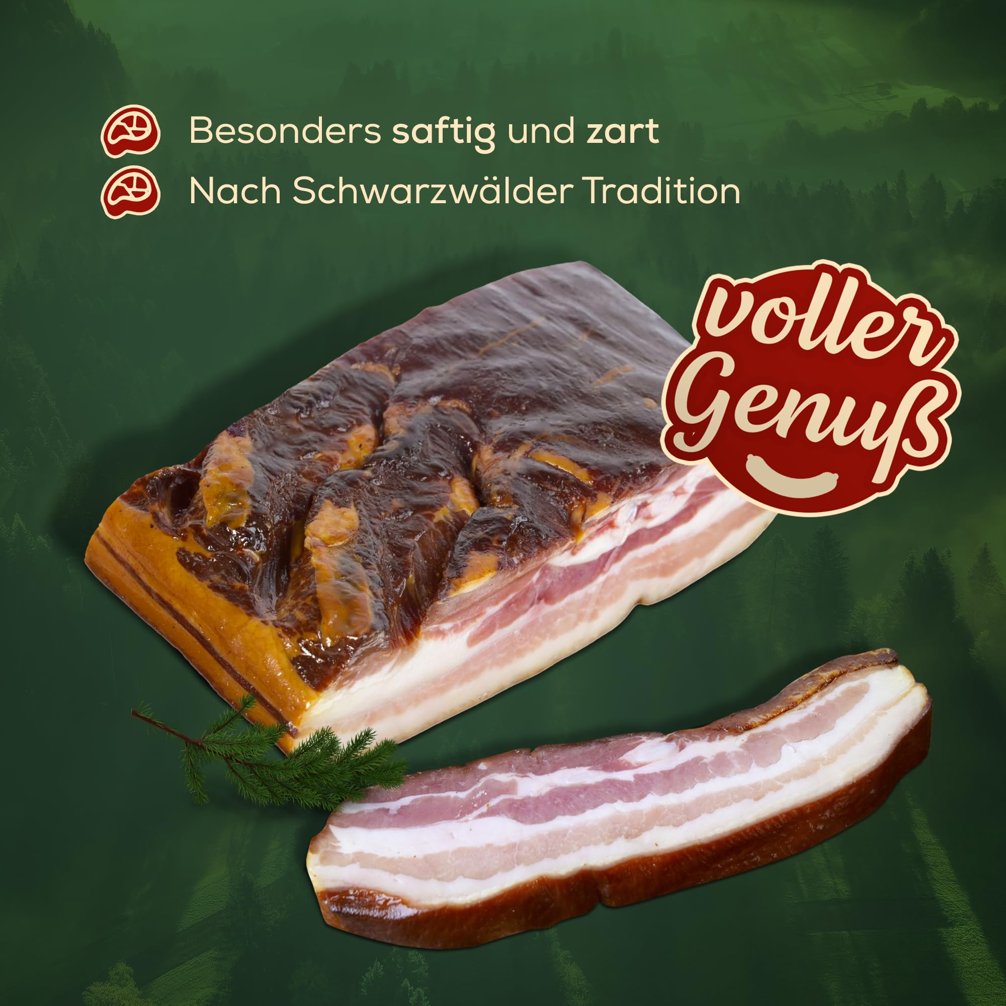 Schwarzwald Metzgerei – Schwarzwälder Bauchspeck am Stück mit herzhaft rauchigem Aroma – 2 x 500g Speck vom Bauch für Salate, Rührei, grüne Bohnen, Carbonara u.v.m.