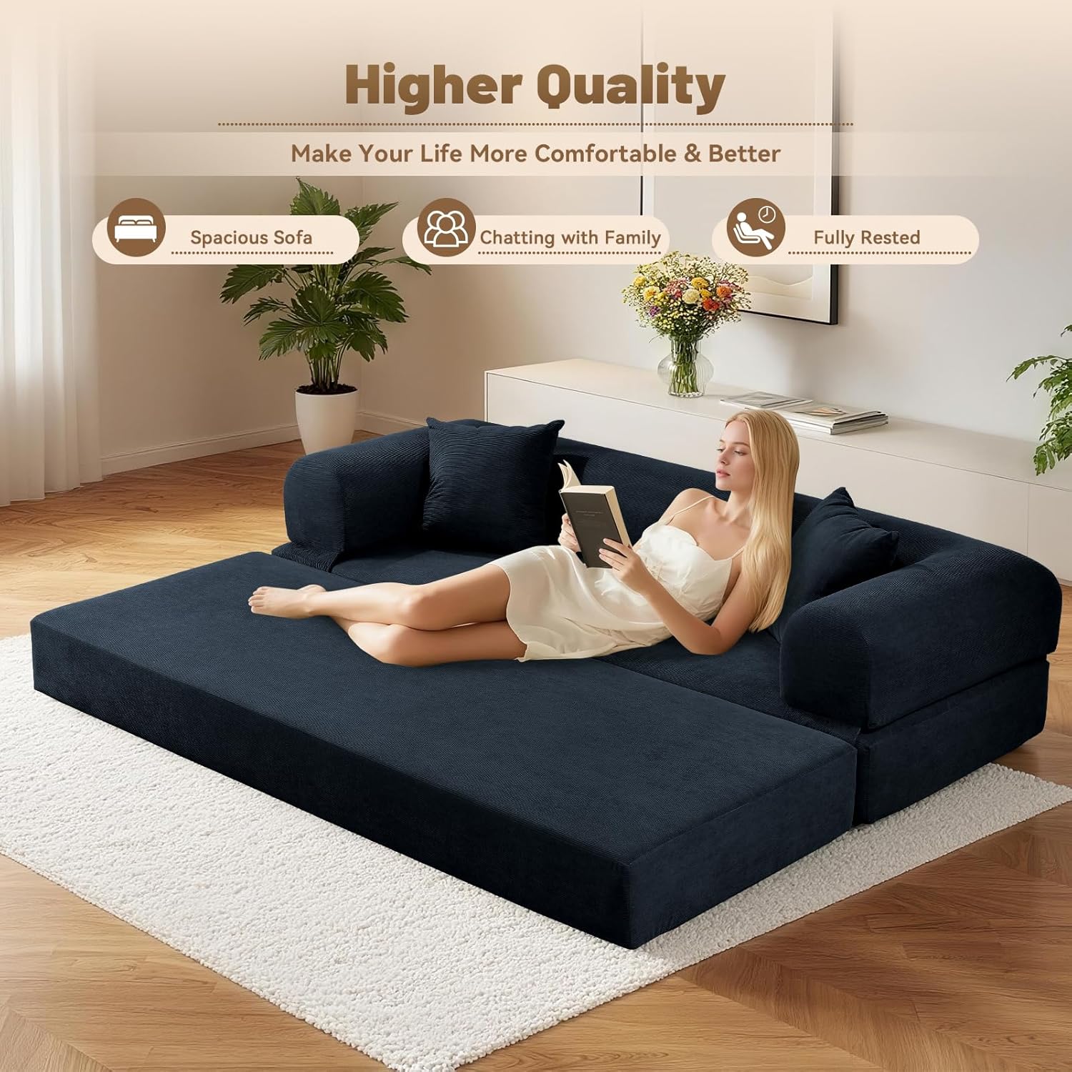 80 Inch Convertible Sofa Bed,Folding Pull Out Couch with Pillows & Storage Pocket,Corduroy Queen Sleeper Sofa in a Box,No Assembly Boneless Couch for Living Room,Deep Blue