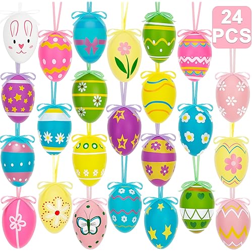 24PCS Easter Tree Ornaments, 24 Kinds Easter Hanging Ornaments Tree Decor, Colorful Rabbit Flower Plastic Basket Stuff Eggs with Tape, Easter Eggs Bulk for Outdoor Indoor Egg Hunting Spring Activity