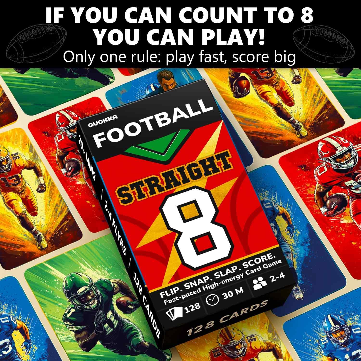 QUOKKA Football Fast-Paced Card Game for Kids & Adults – 128 Cards & Easy Rules – Quick & Fun Matching Game – 2-4 Players – Ages 8+ – Perfect for Family Games Night, Travel and Parties