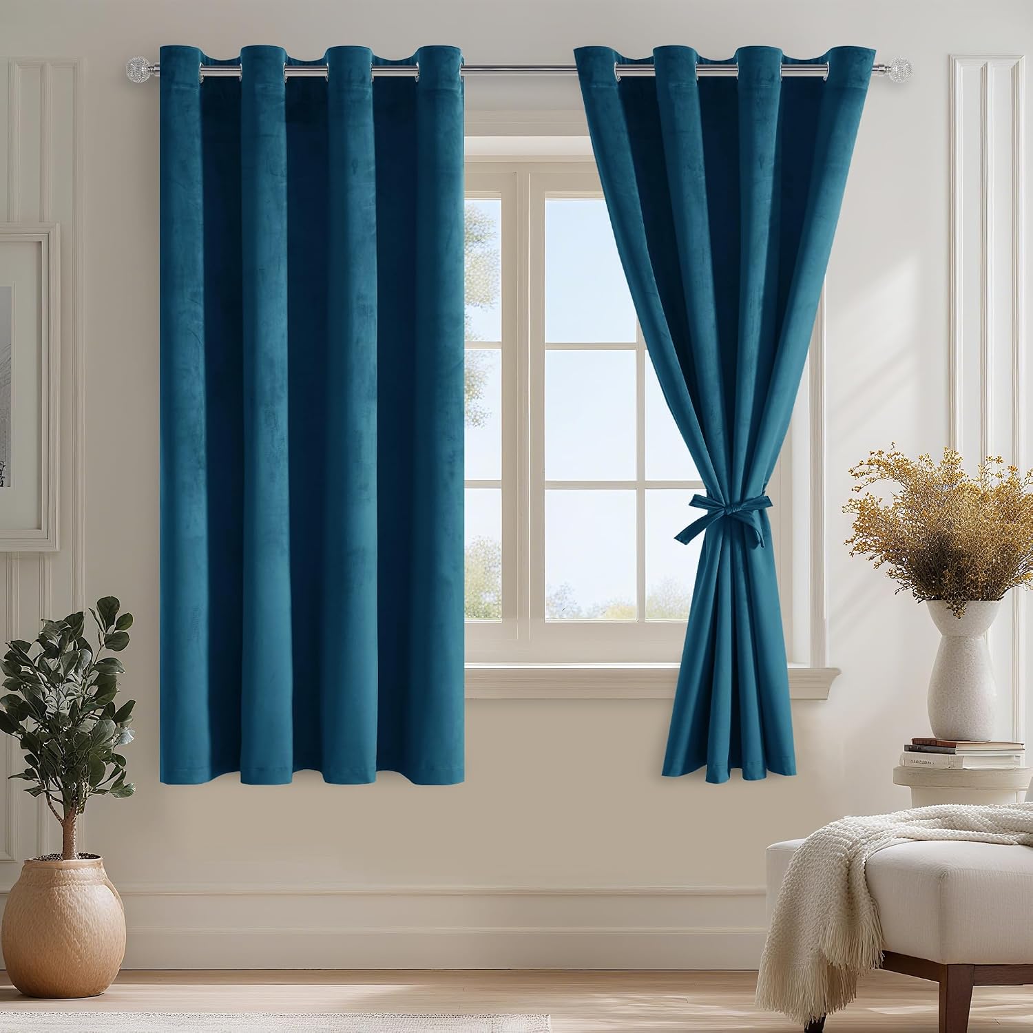 DWCN Navy Blue Velvet Curtain Eyelets Set of 2 H 145 x W 140 cm Short Curtains with Curtain Ties Opaque Velvet Curtains for Bedroom Living Room Beautiful Soft Curtain Blackout Velvet Curtains
