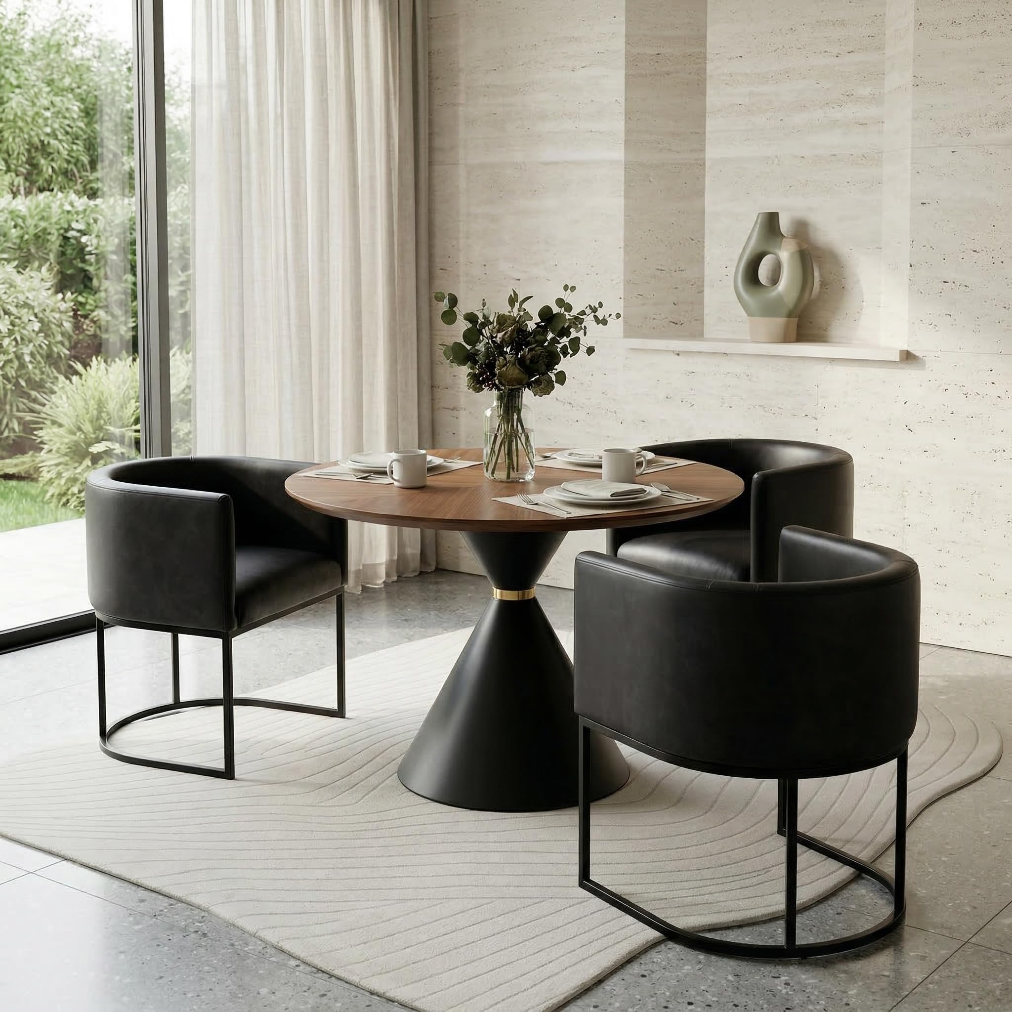 HNY Mid Century Modern Upholstered Barrel Black Dining Chairs with Arms Set of 3, Leather Kitchen &amp; Dining Room Chairs, 18.5" Wide Accent Chairs for Dining Room Living Room with Black Metal Frame