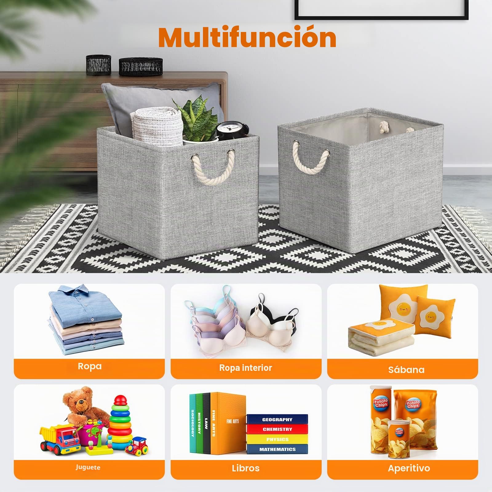 Juego de 4 Cajas Almacenaje de Tela, 33 x 38 x 33 cm, Cajas Organizadoras con Asas, Cajas de Almacenamiento Plegable para Ropa, Juguetes, Libros, Armario y Estanterías (Gris)
