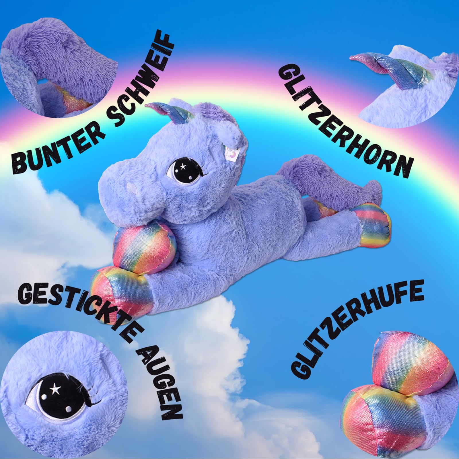 TE-Trend Flauschiges Stoffeinhorn 110 cm - perfektes Plüscheinhorn für kuschelige Stunden & magische Abenteuer - Zauberhaftes Kuscheleinhorn - Einhorn-Kuscheltier für kreative unvergessliche Momente