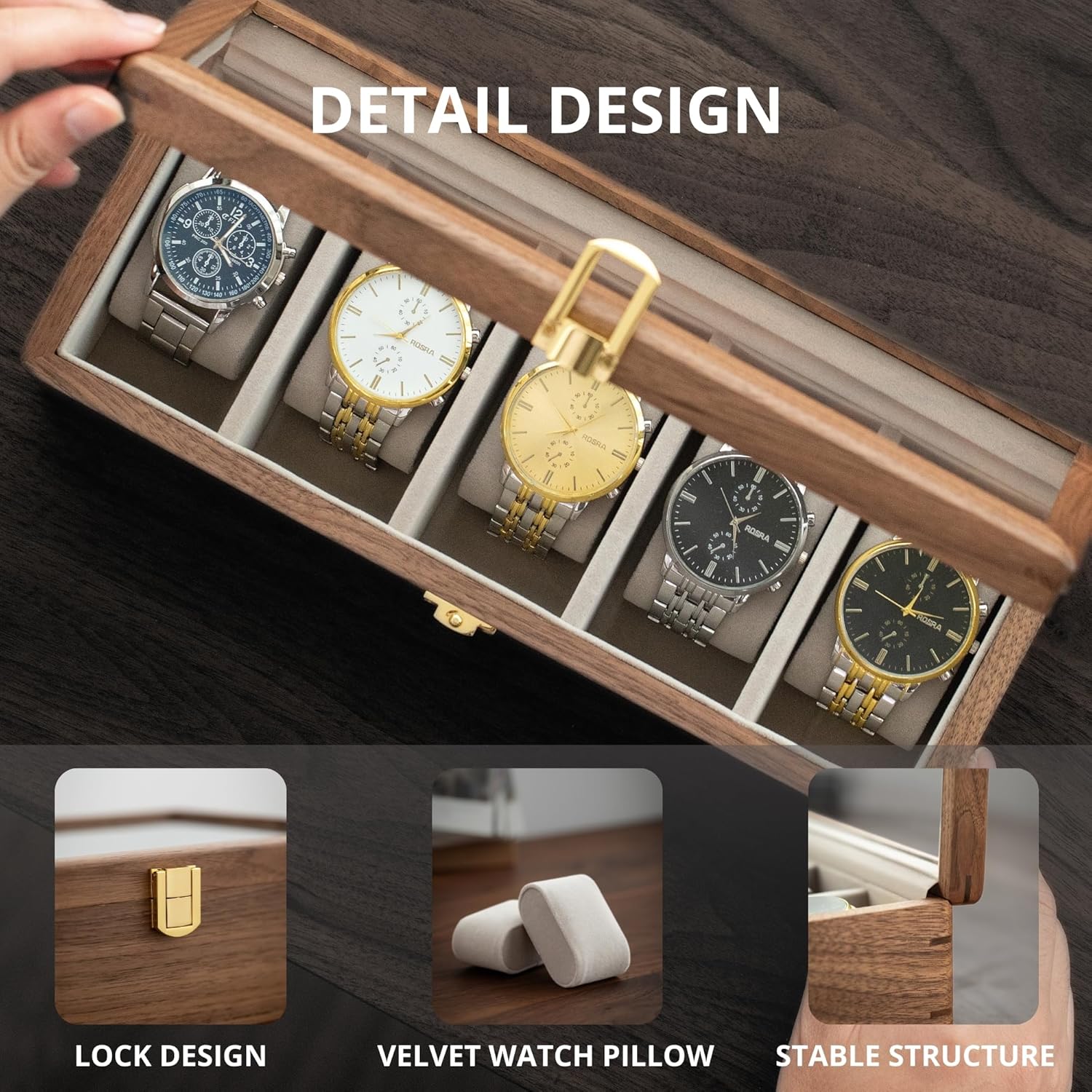 muso wood Watch Display Box, 5 Slot Watch Case for Men, Watch Organizer Box with Glass Lid, Watch Case with Removable Velvet Pillow, Father's Day Gift - 5 Slot, Walnut